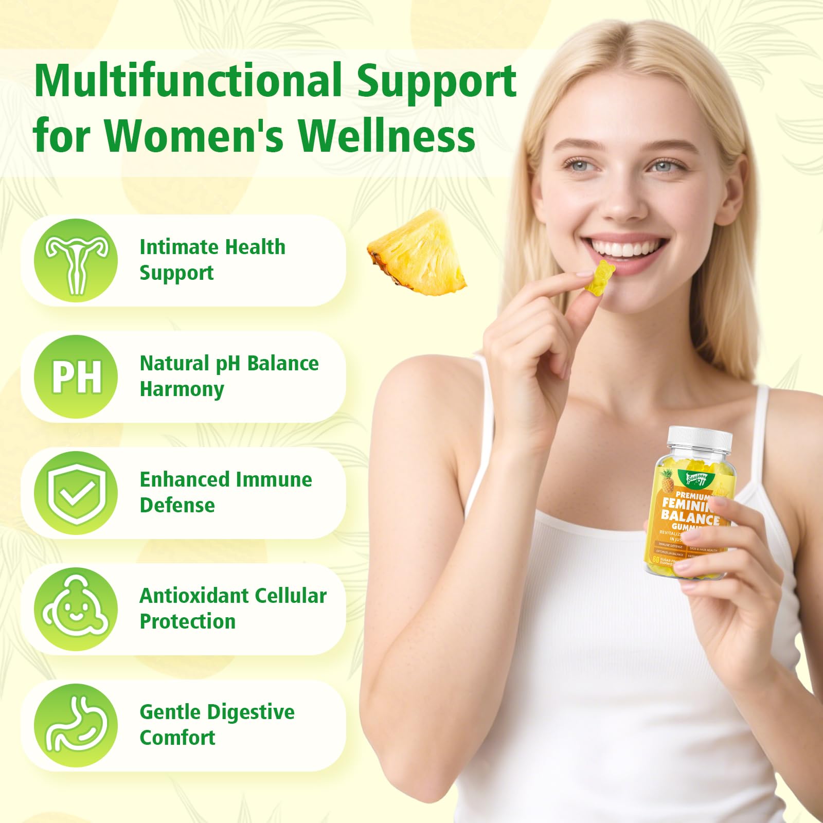 Premium Feminine Balance Gummies for Women's Immune Health – Pineapple Flavor, 120 Count | Vegan & Gluten-Free