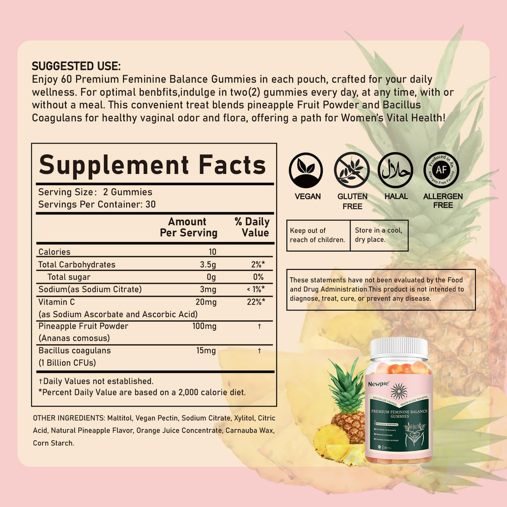 Premium Feminine Balance Gummies for Women – Pineapple, Vegan, Gluten-Free, Halal | 60 Gummies