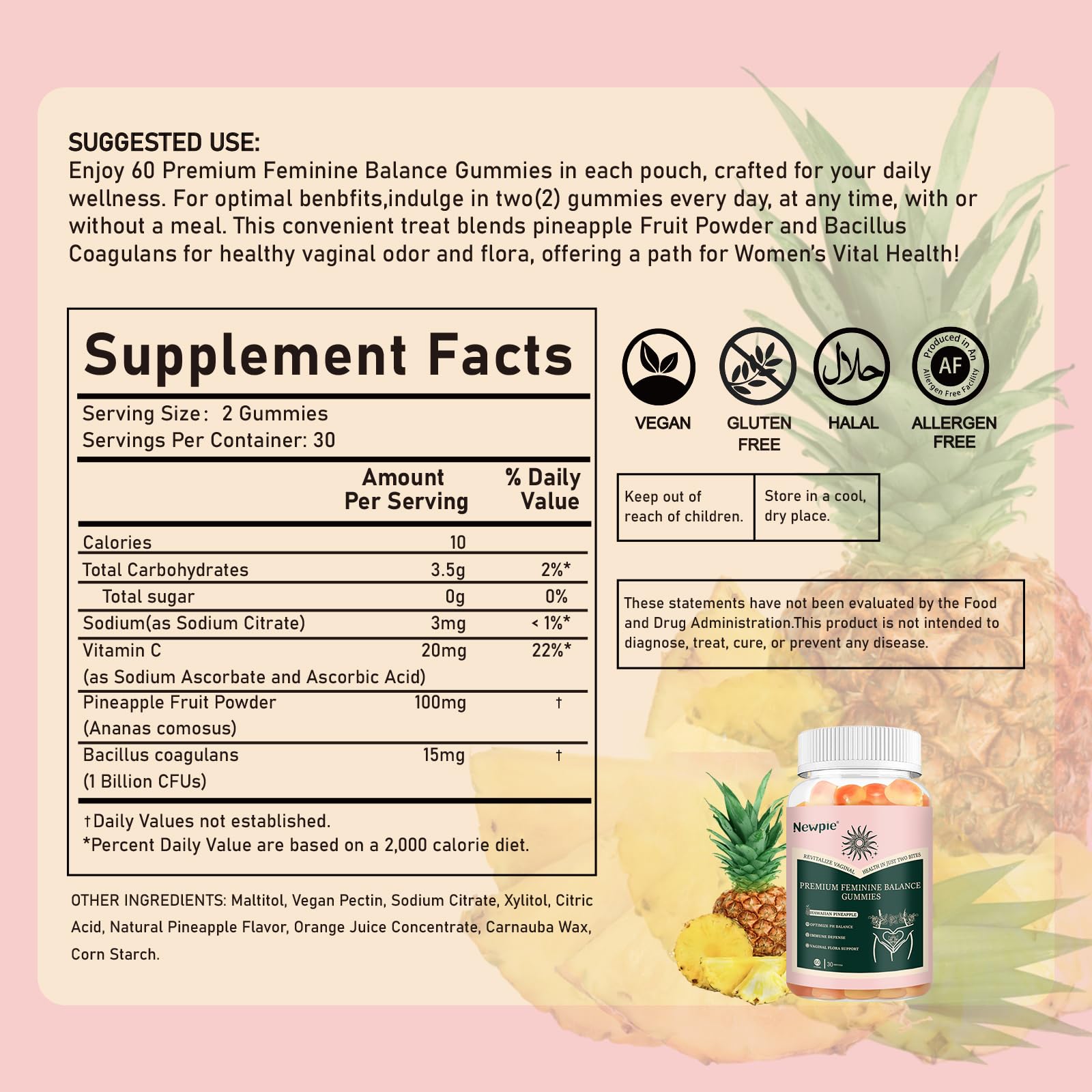 Premium Feminine Balance Gummies for Women – Pineapple, Vegan, Gluten-Free, Halal | 60 Gummies