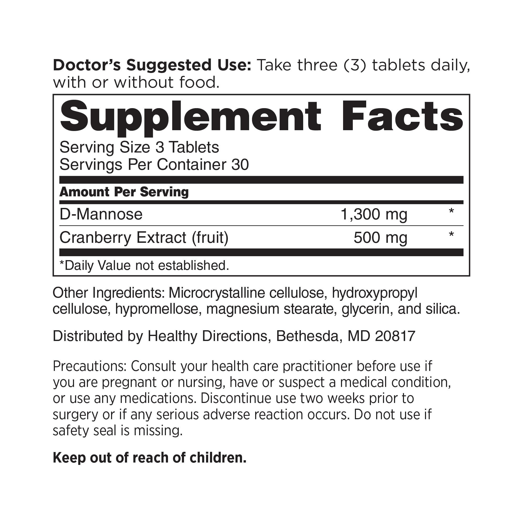 DOCTORS' PREFERRED D-Mannose 1300 MG with Cranberry 500 MG Supplement - Premium Formula (90 Vegan Tablets)