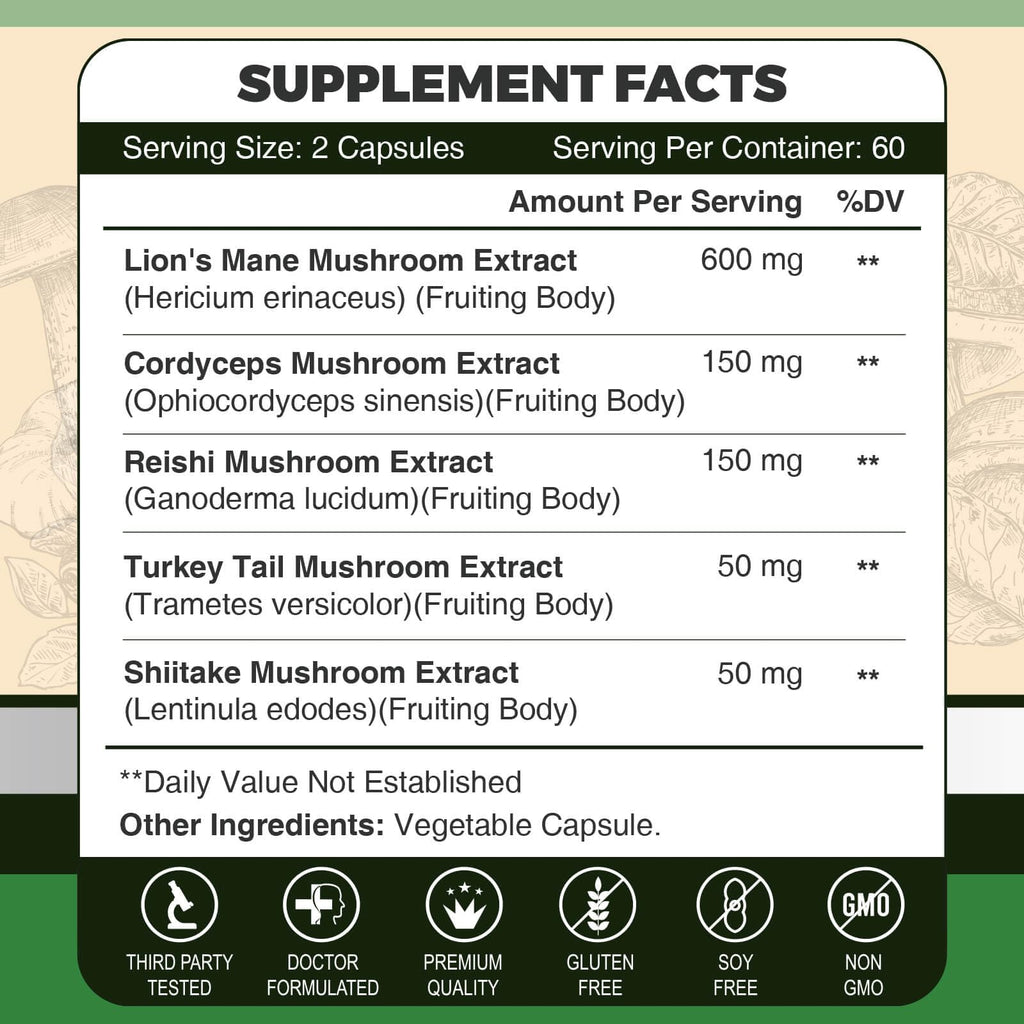 Lions Mane Mushroom Capsules – Memory, Focus & Immune Support | 117 Vegan Capsules