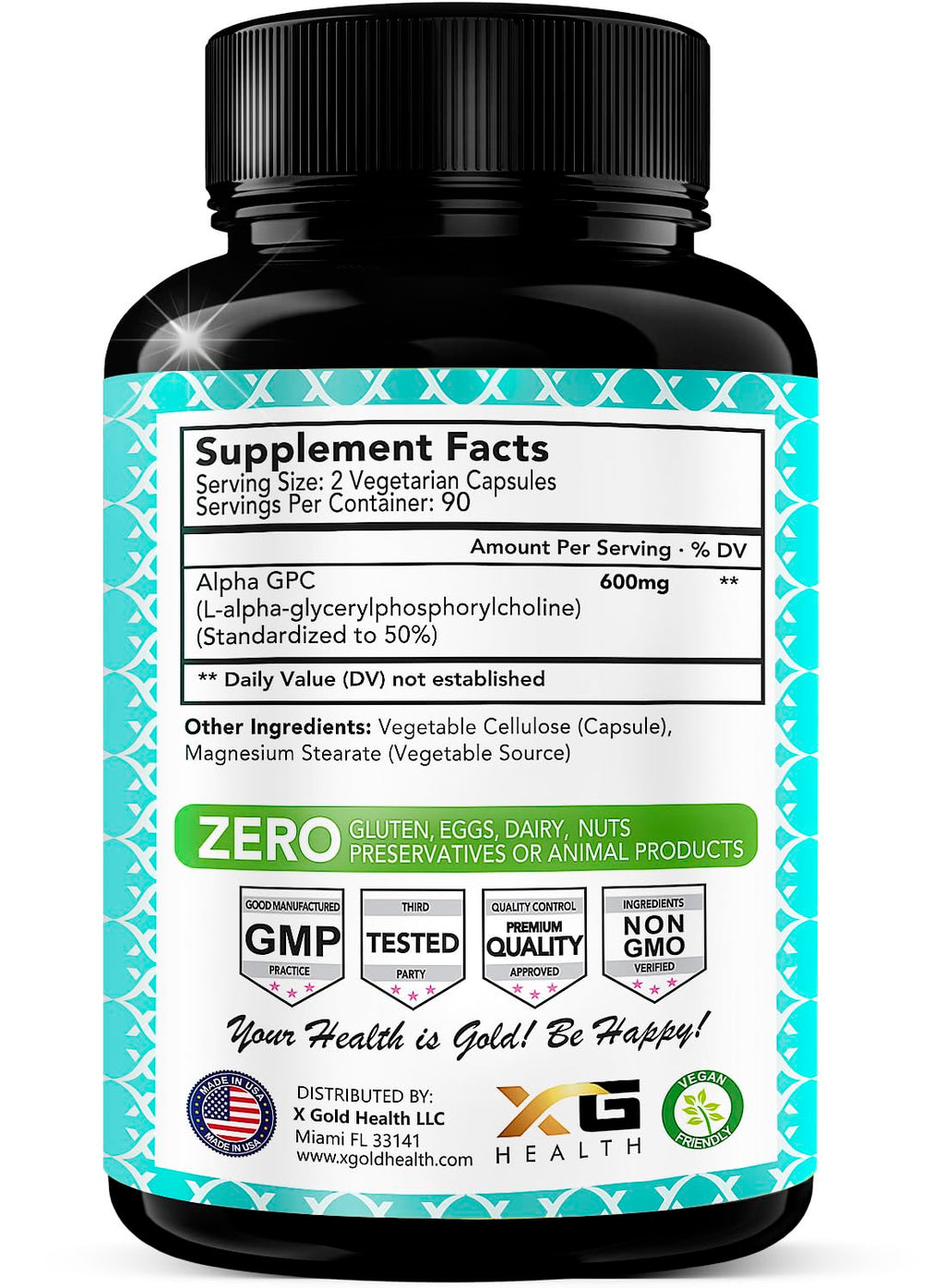 Alpha GPC Choline Supplement 600mg | 180 Veggie Capsules | High-Purity, Bioavailable Nootropic | X Gold Health