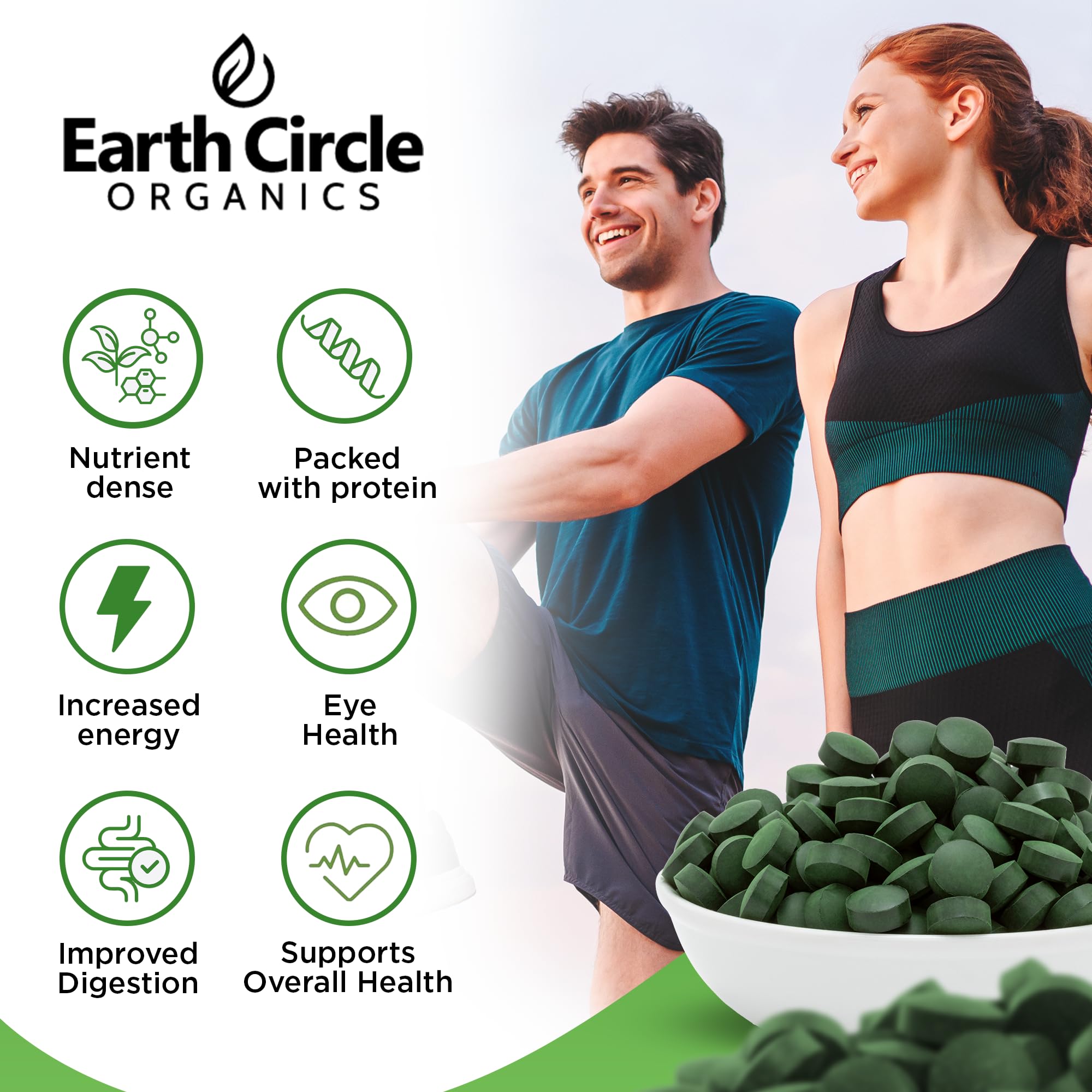 Earth Circle Organics Premium Organic Chlorella & Spirulina Tablets 1000 Count (50/50) – Cracked Cell Wall for Maximum Absorption | Vegan, Kosher Green Algae Superfood | Pack of 2