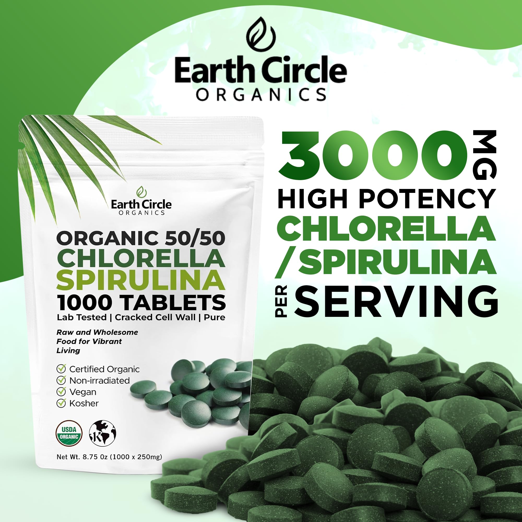 Earth Circle Organics Premium Organic Chlorella & Spirulina Tablets 1000 Count (50/50) – Cracked Cell Wall for Maximum Absorption | Vegan, Kosher Green Algae Superfood | Pack of 2