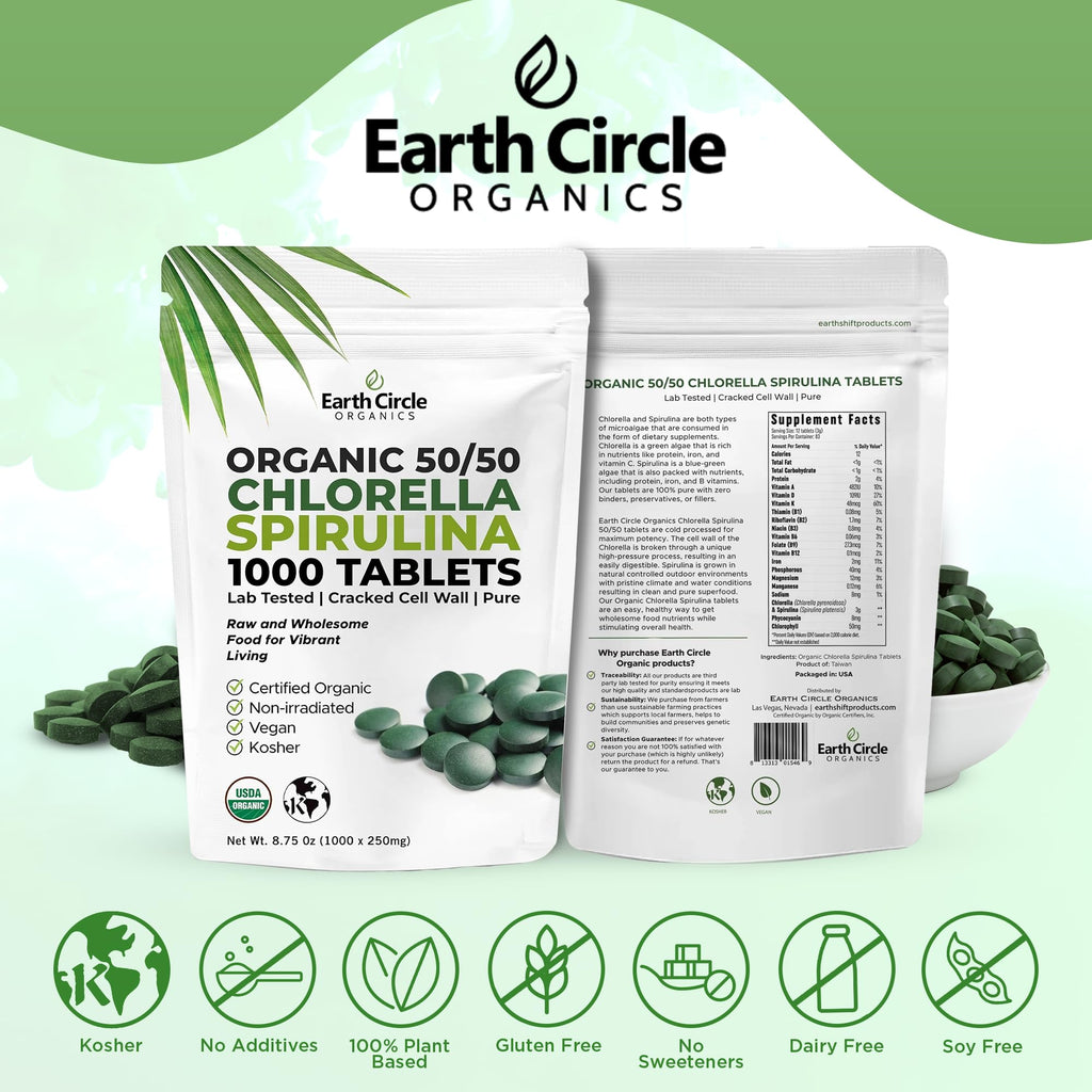 Earth Circle Organics Premium Organic Chlorella + Spirulina Tablets 1000 Count (50/50) – Vegan, Kosher, Cracked Cell Wall
