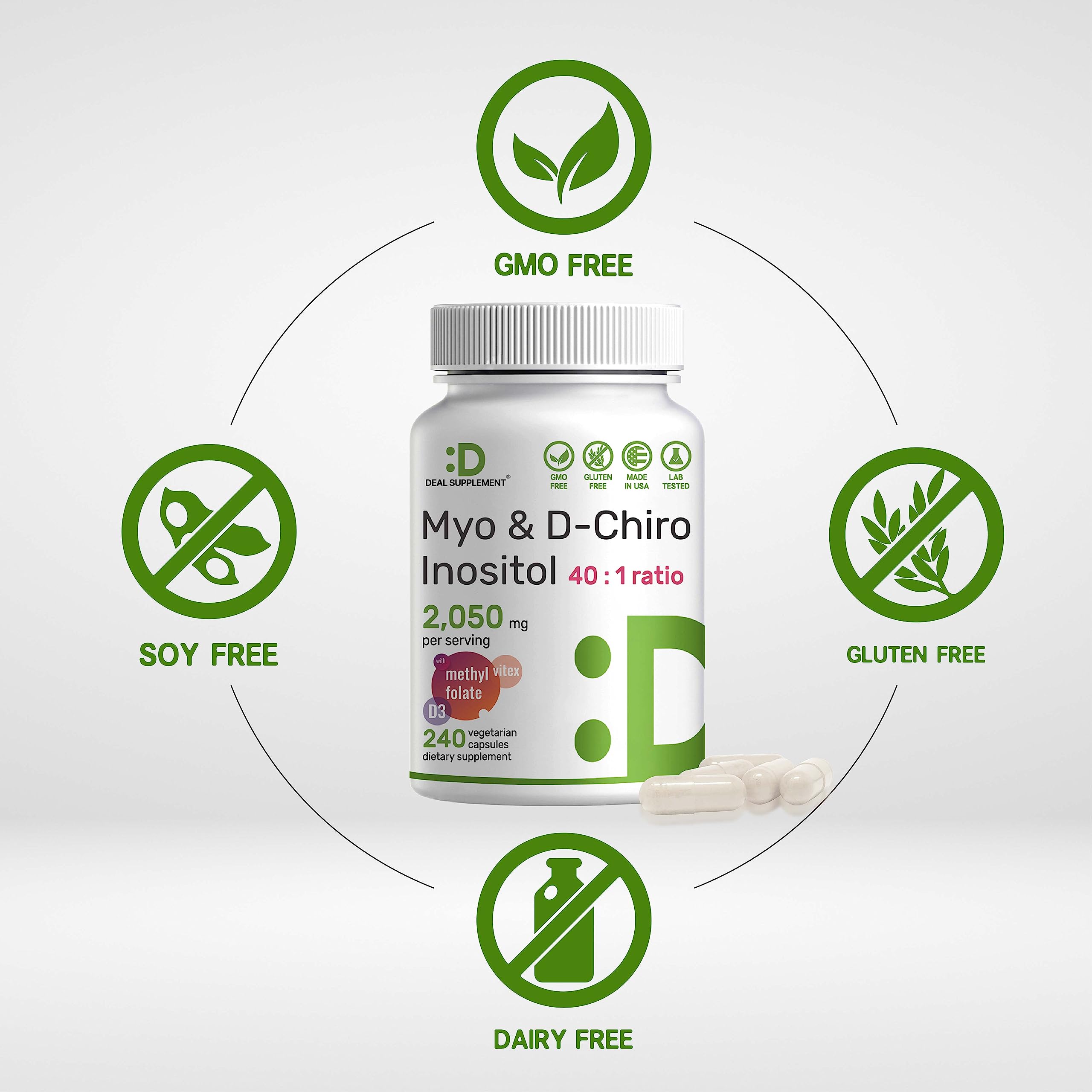 Myo-Inositol & D-Chiro Inositol for Women (40:1) – 2,050mg/serving | 240 Veggie Capsules | Non-GMO