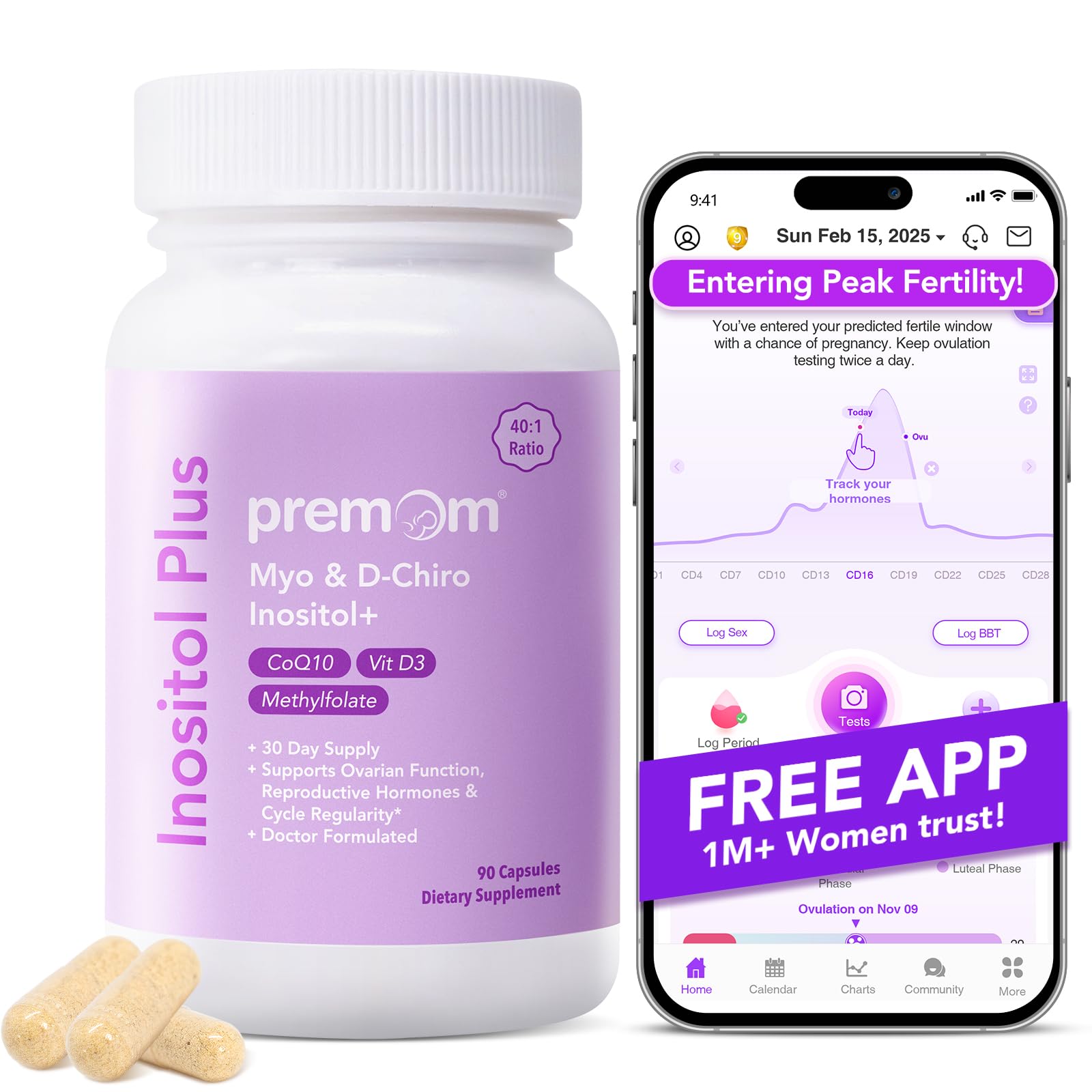 Premom Inositol Plus – 2000mg Myo-Inositol & 50mg D-Chiro Inositol, CoQ10, Folate & Vitamin D3 - 40:1 Ratio | Supports Hormonal Balance, Ovarian & Reproductive Health - 30 Day Supply