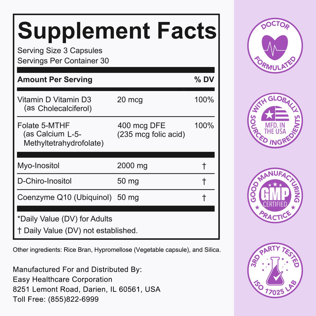Premom Inositol Plus – 2000mg Myo-Inositol & 50mg D-Chiro Inositol, CoQ10, Folate & Vitamin D3 - 40:1 Ratio | Supports Hormonal Balance, Ovarian & Reproductive Health - 30 Day Supply
