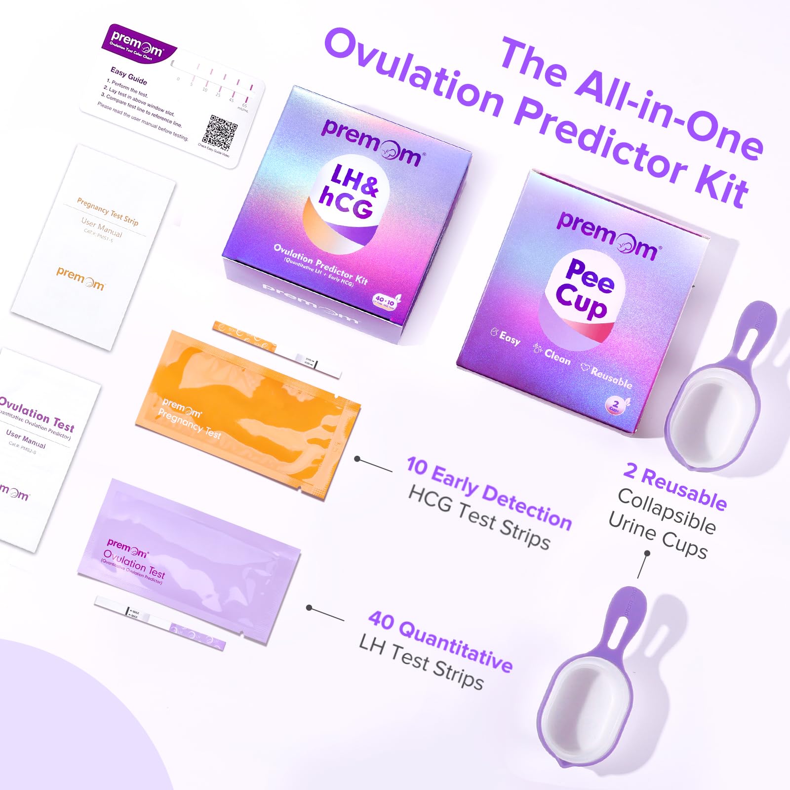 Premom Quantitative Ovulation & Pregnancy Test Kit — 40 LH Strips, 10 HCG Strips, 2 Reusable Cups