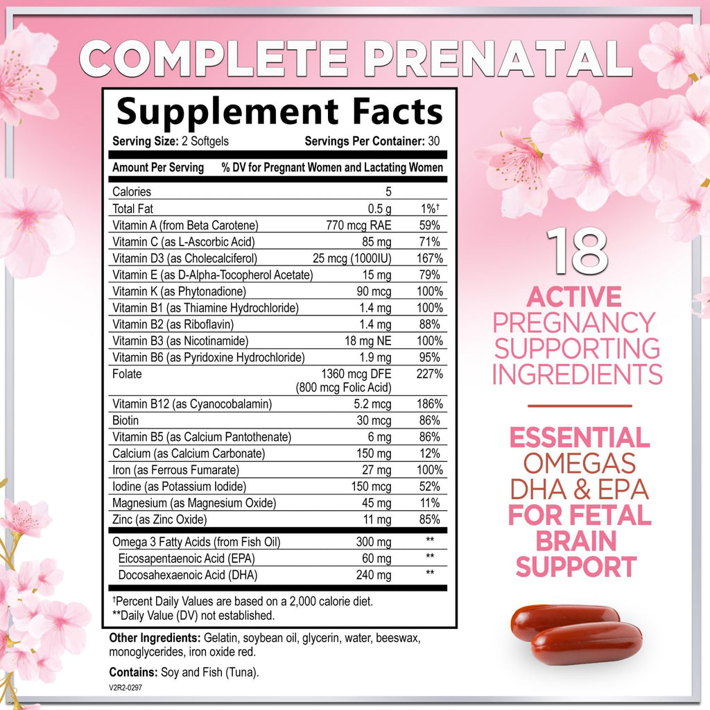 Prenatal Vitamins for Women with Folic Acid & DHA, Brain Development Support with Folate & Omega 3's, Multivitamin with Vitamin A, C, D, B6, B12 & Iron, Pregnancy Supplement - 60 Softgels