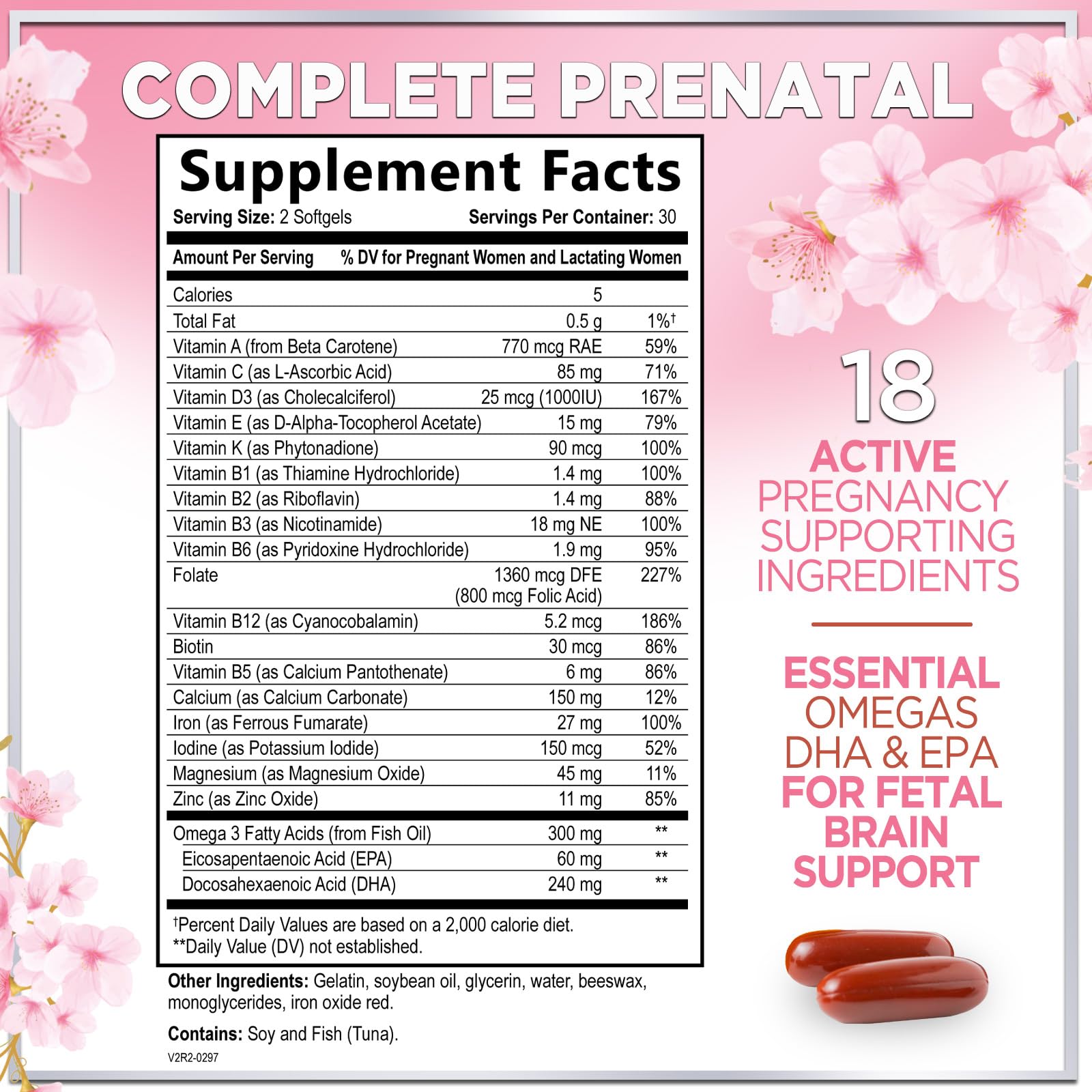 Prenatal Vitamins for Women with Folic Acid & DHA, Brain Development Support with Folate & Omega 3's, Multivitamin with Vitamin A, C, D, B6, B12 & Iron, Pregnancy Supplement - 60 Softgels
