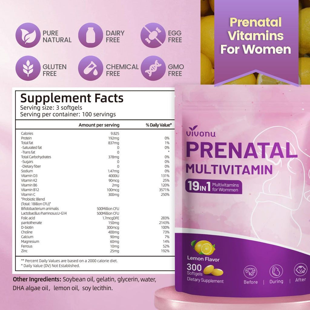 19-in-1 Prenatal Multivitamin Lemon Softgels – 300 Count, 100-Day Supply