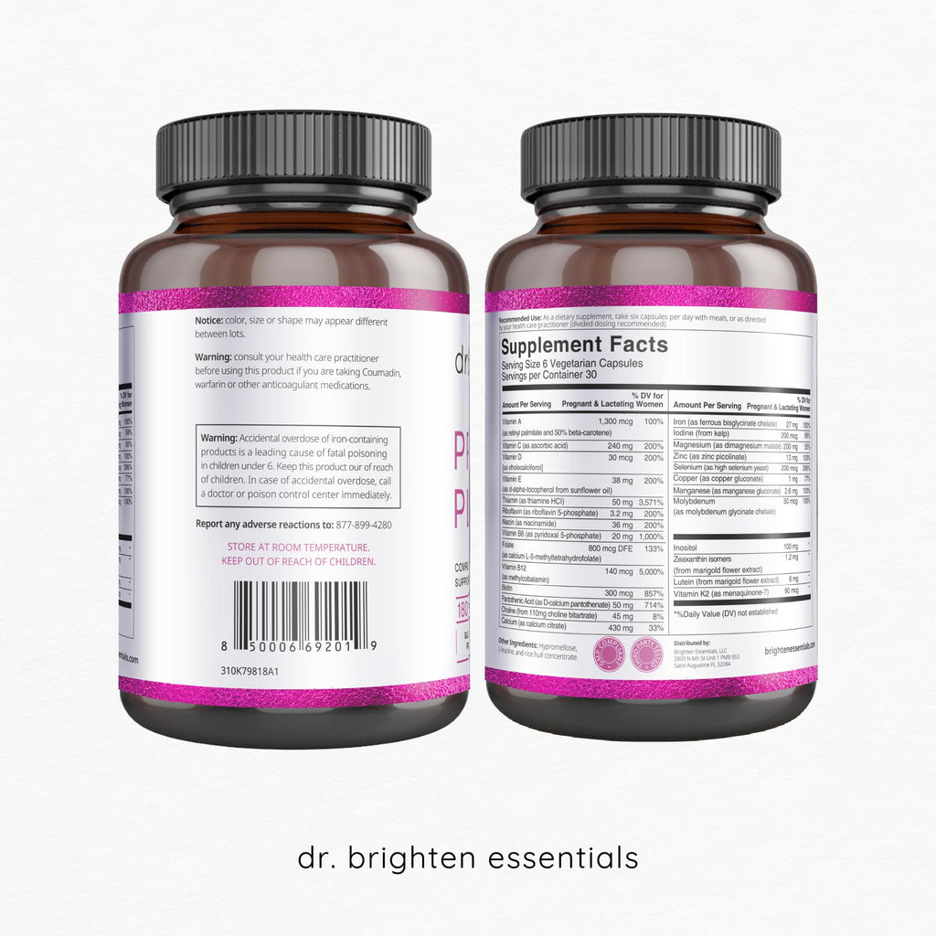 Dr. Brighten Prenatal Plus - Women's Formulation, Active B Vitamins, Minerals, Antioxidants for Pregnant or Nursing Mothers, Non-GMO Vegan, No Gluten, No Soy - 180 Capsules