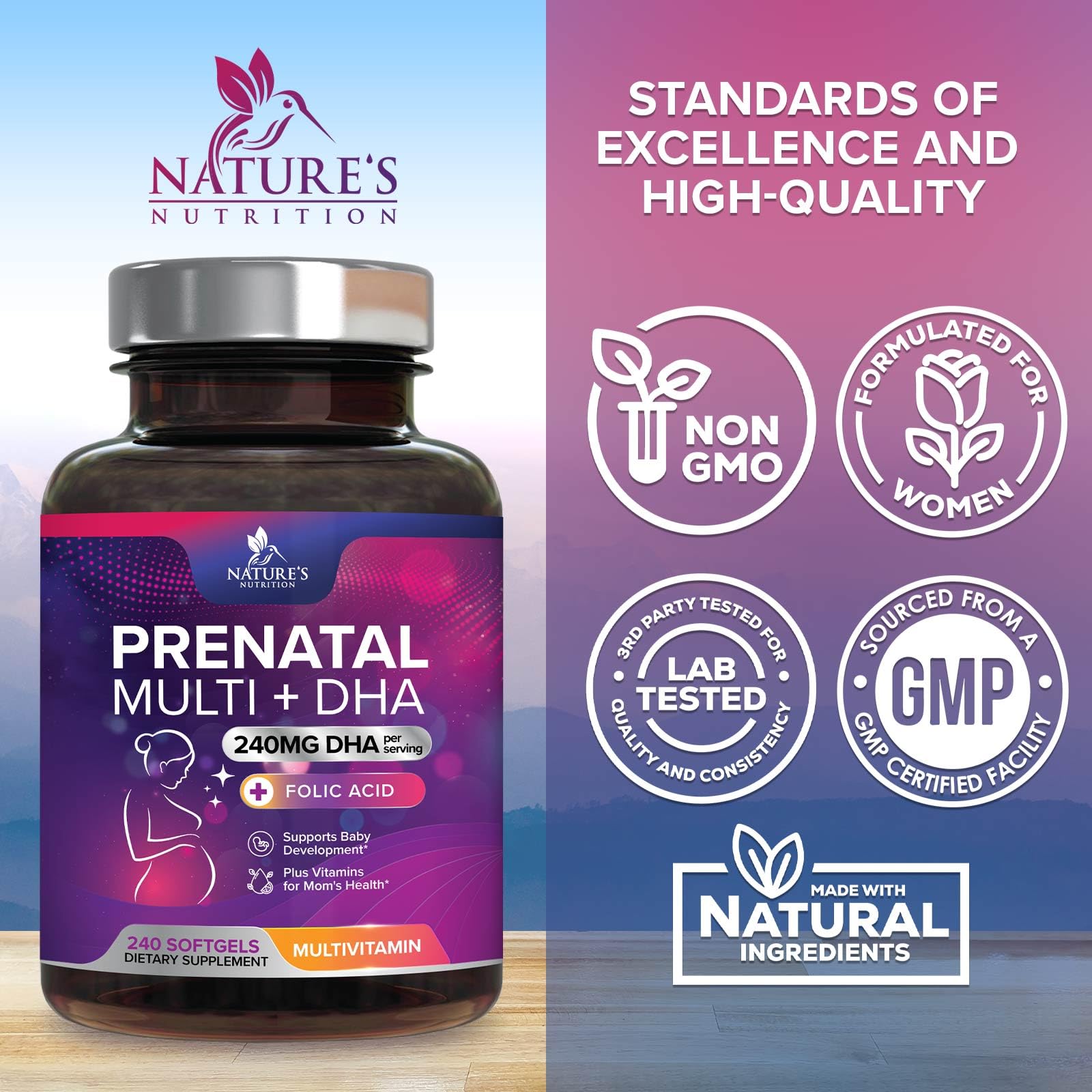 Prenatal Vitamins with Folic Acid & DHA - 240 Softgels | Omega-3 & Iron