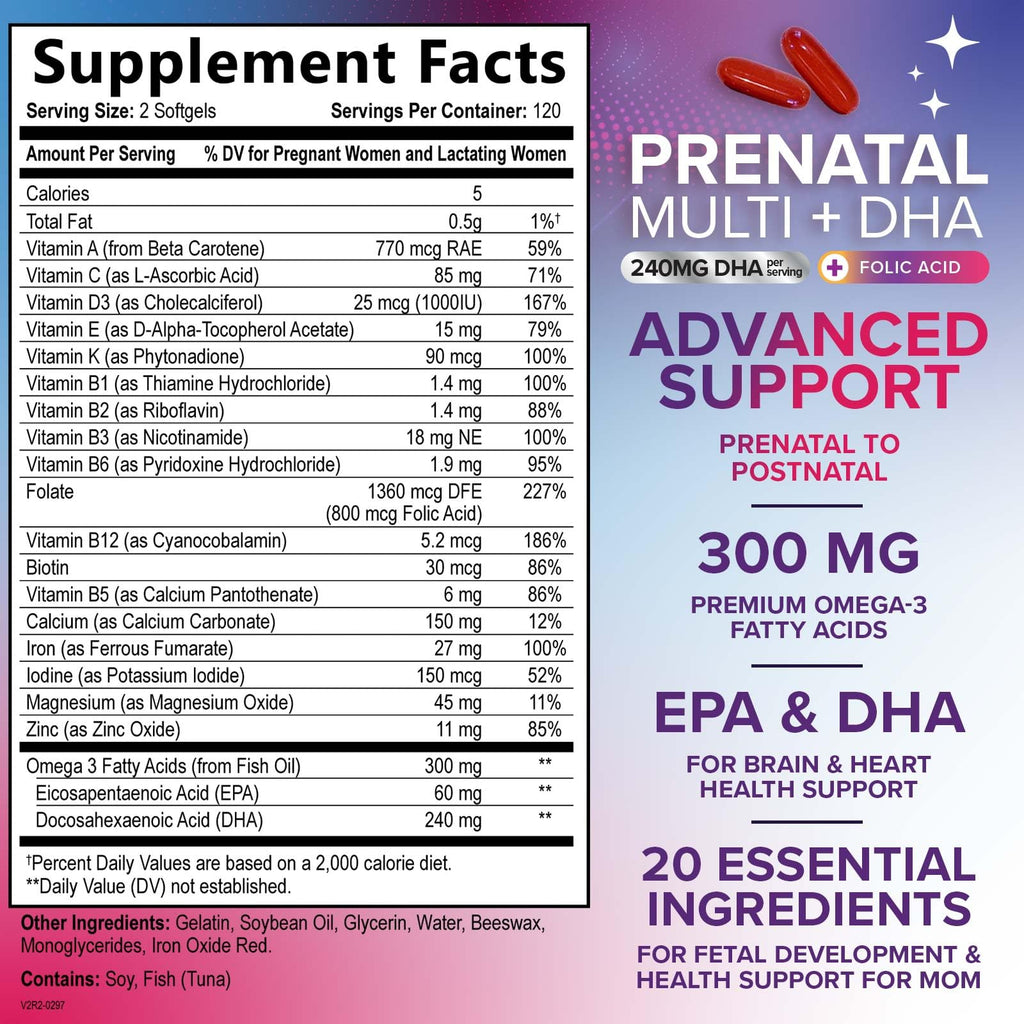 Prenatal Vitamins with Folic Acid & DHA - 240 Softgels | Omega-3 & Iron