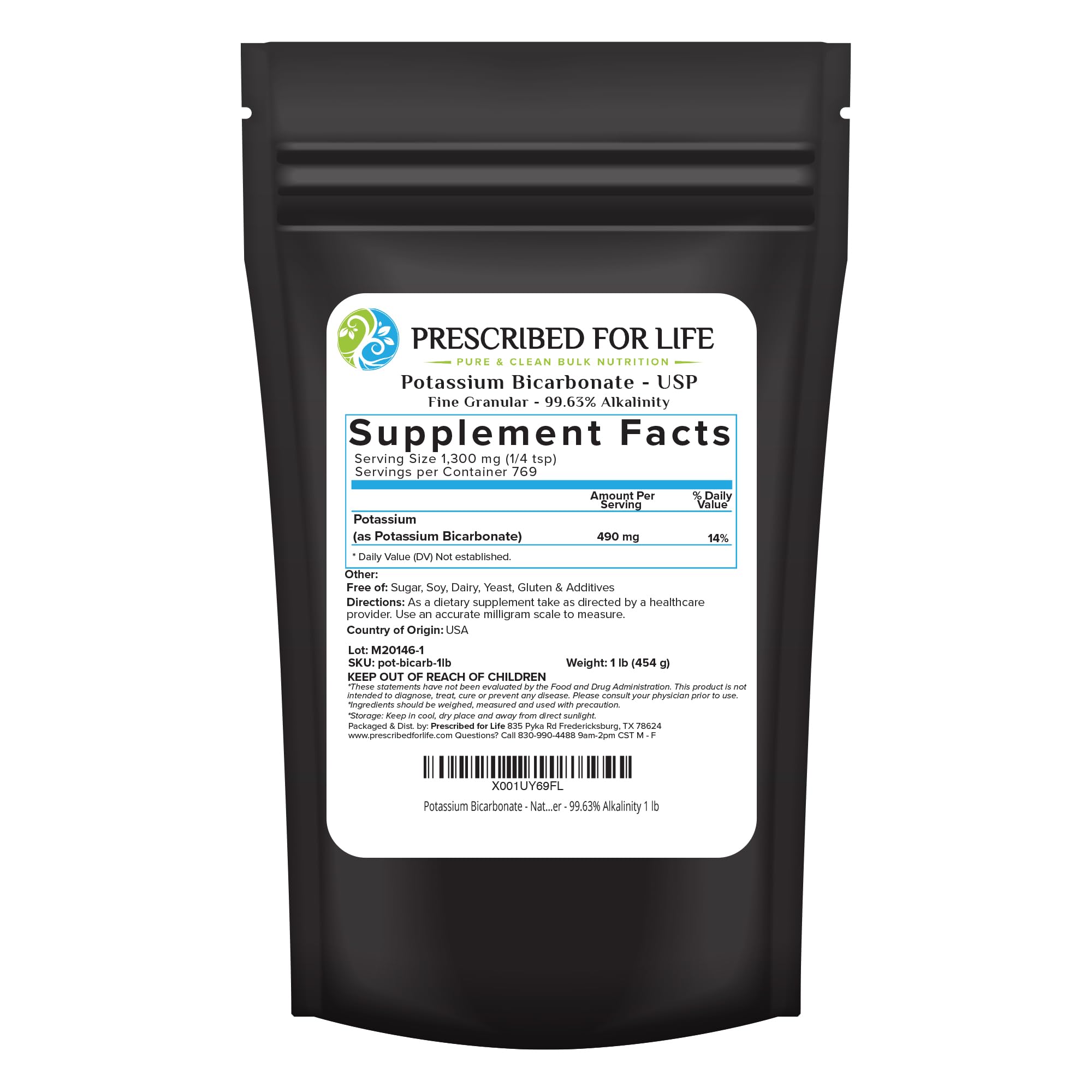 Potassium Bicarbonate Powder - Pure USP Grade 1lb | Prescribed for Life