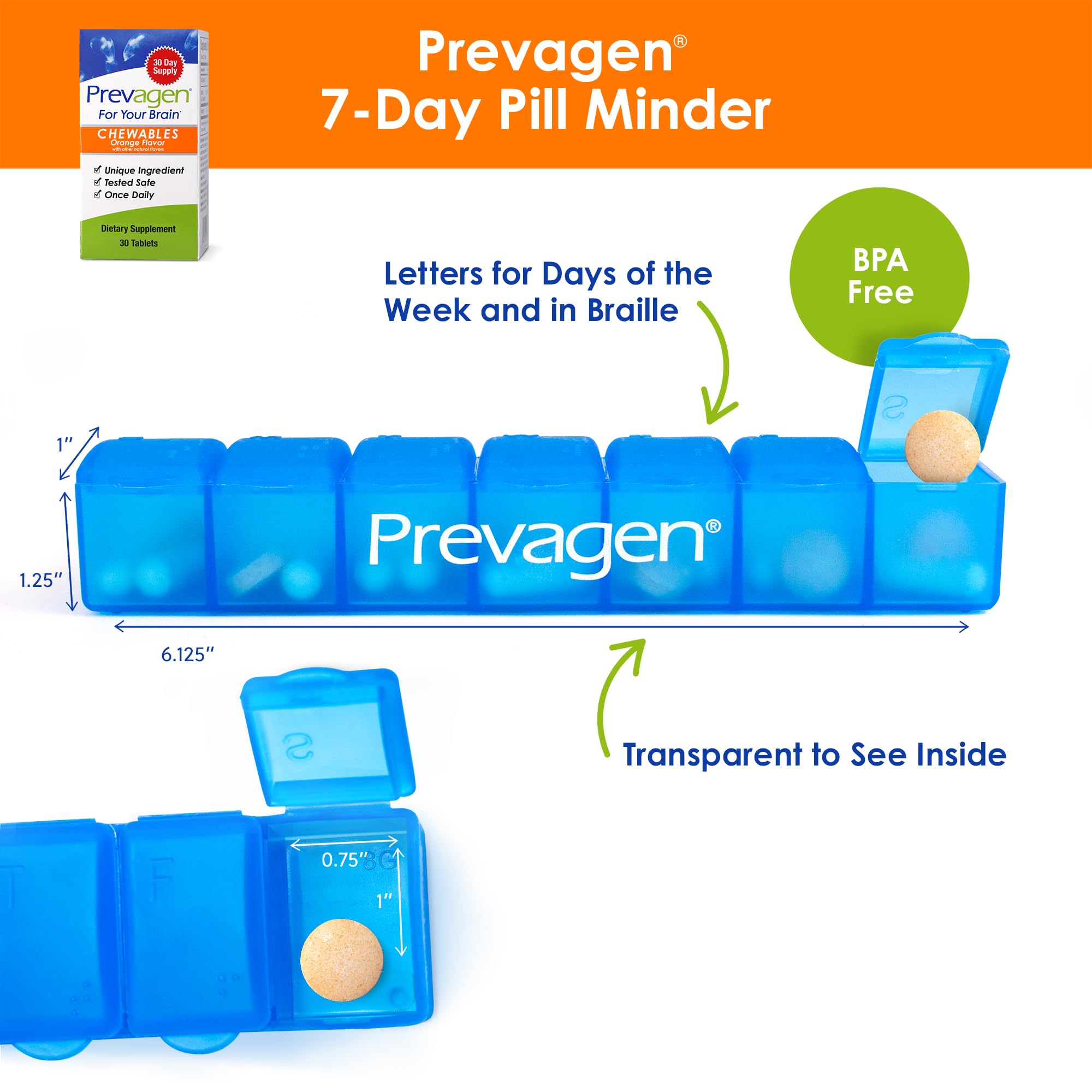 Prevagen Regular Strength Orange Chewables — 30 Tablets (1 Month) | 10 mg Apoaequorin + Vitamin D3 | 7-Day Pill Minder