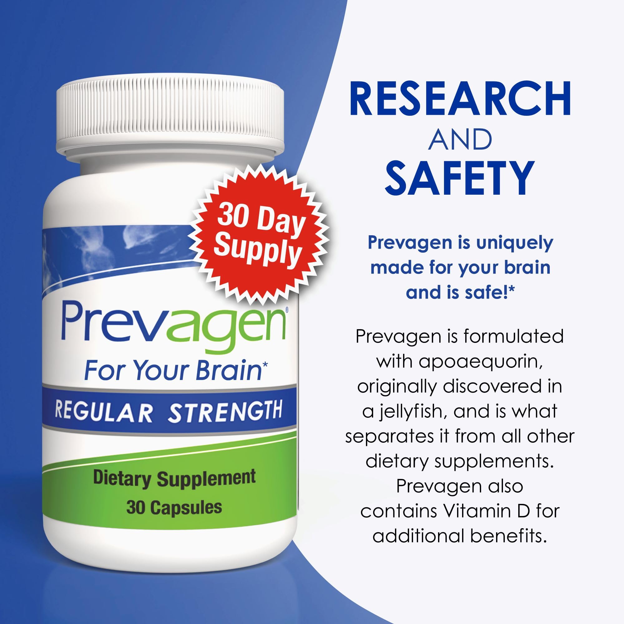 Prevagen Regular Strength 90 Capsules - 3 Month Supply | Apoaequorin 10mg + Vitamin D3