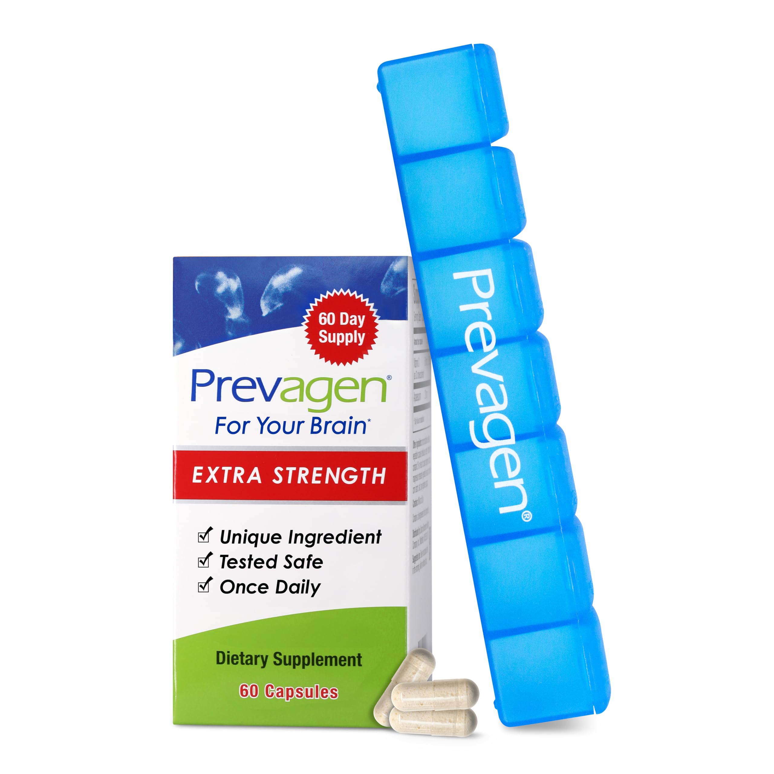 Prevagen Extra Strength - 60 Capsules | 20 mg Apoaequorin + Vitamin D3 | 2-Month Supply + 7-Day Pill Minder