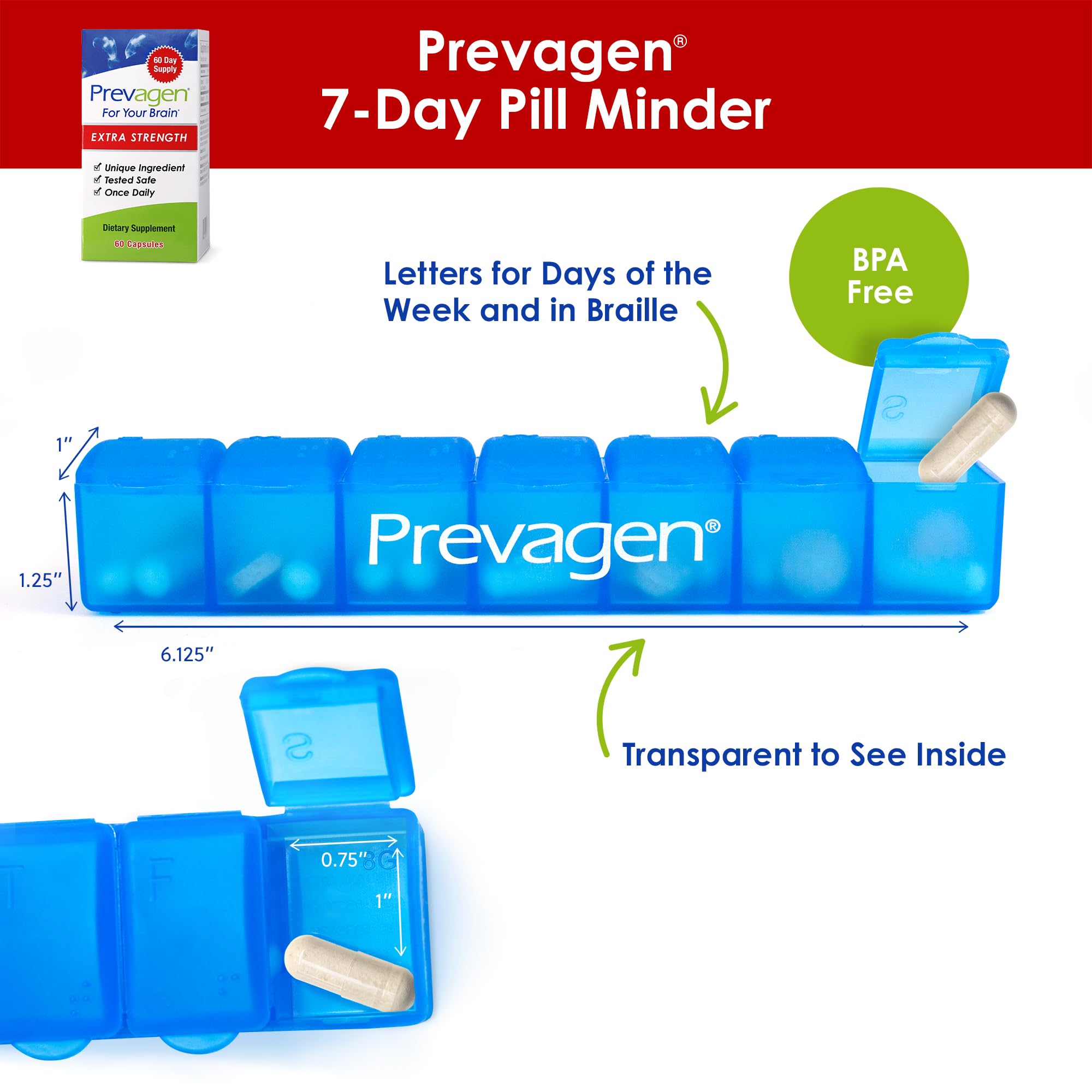 Prevagen Extra Strength - 60 Capsules | 20 mg Apoaequorin + Vitamin D3 | 2-Month Supply + 7-Day Pill Minder