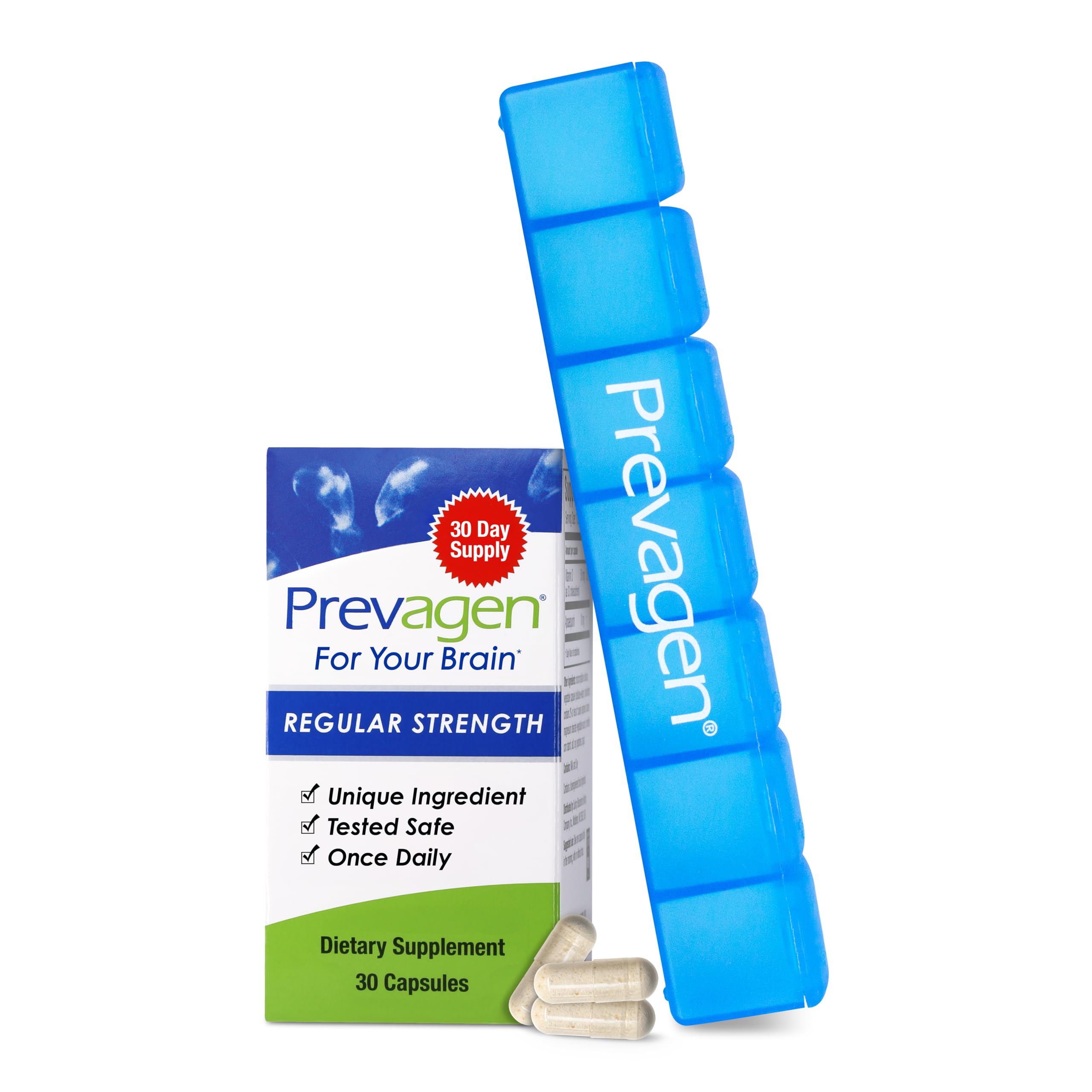 Prevagen Regular Strength - 30 Capsules (1 Month Supply) | Formulated for Your Brain | 10mg of Apoaequorin Plus Vitamin D3 with 7-Day Pill Minder