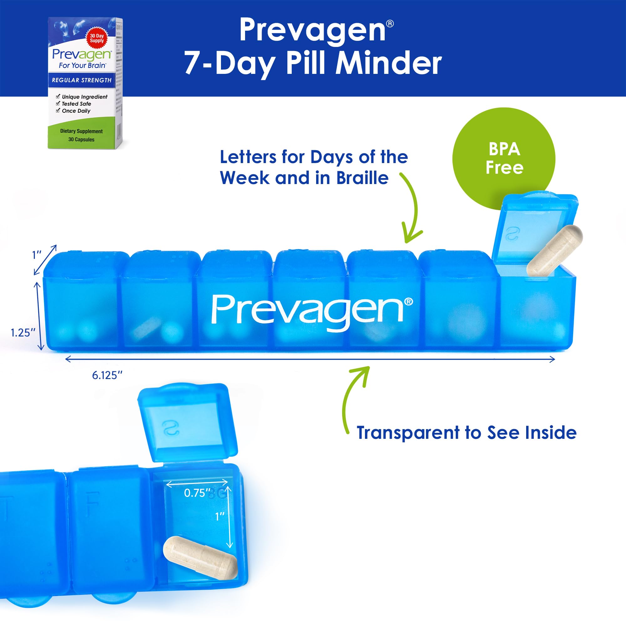 Prevagen Regular Strength - 30 Capsules | Formulated for Your Brain | 10 mg Apoaequorin + Vitamin D3 | 7-Day Pill Minder
