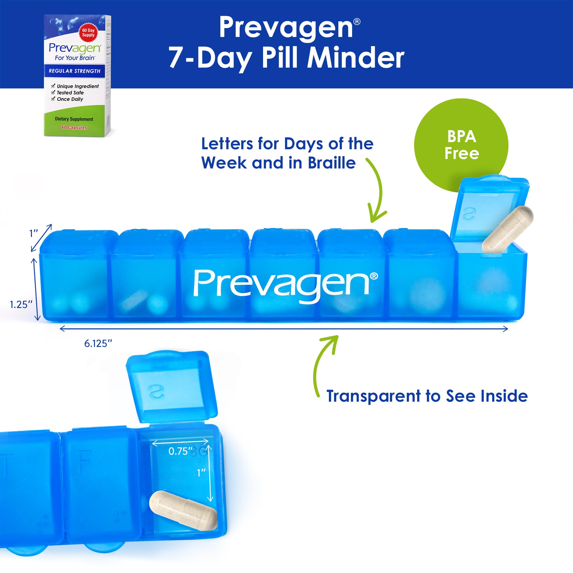 Prevagen Regular Strength 60 Capsules | Apoaequorin + Vitamin D3 | 7-Day Pill Minder