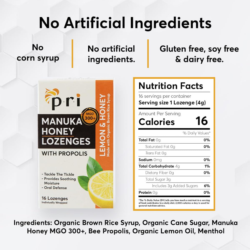 P.R.I Manuka Honey Lozenges with Propolis – MGO 300+ (Lemon, 16 Count)