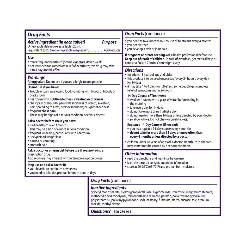 Prilosec OTC 20 mg Omeprazole – 42 Tablets for Frequent Heartburn Relief | Proton Pump Inhibitor