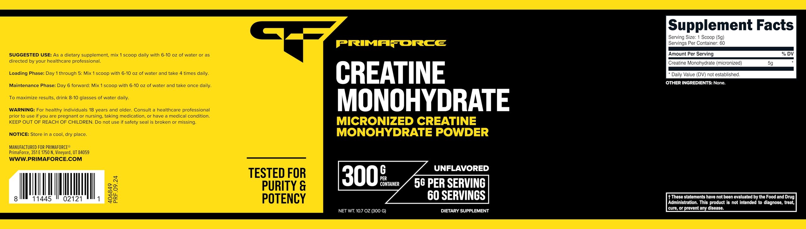 Primaforce Creatine Monohydrate Powder 300 Grams - Micronized, Gluten Free, Non-GMO
