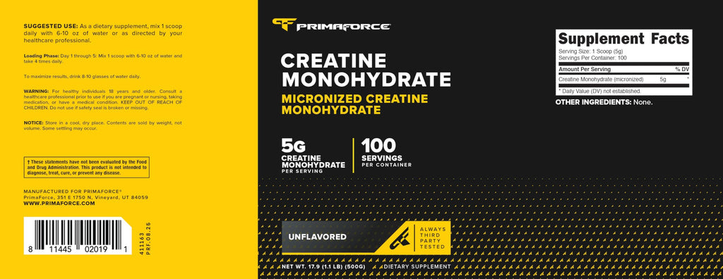 Primaforce Micronized Creatine Monohydrate Powder 500 g (1.1 lb)