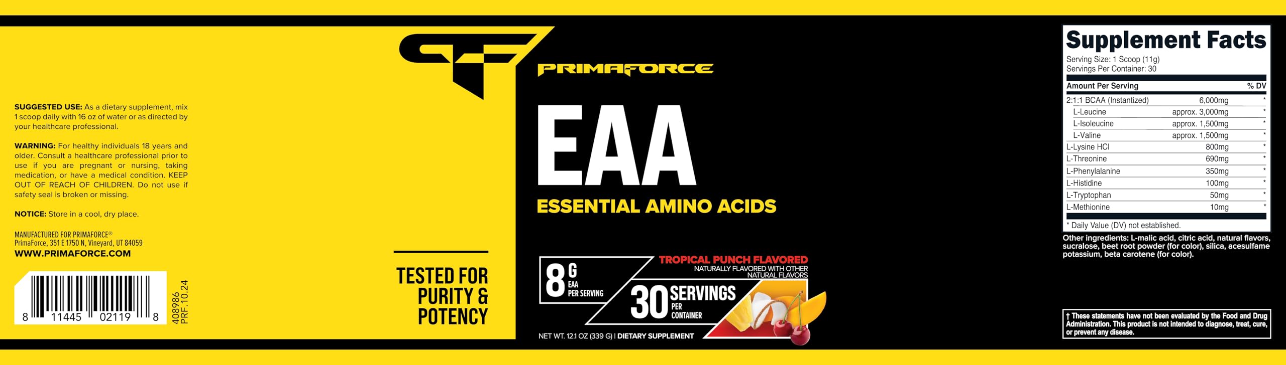 Primaforce EAA Powder (30 Servings, Tropical Punch) - Essential Amino Acids for Pre/Intra Workout and Recovery - Non-GMO and Gluten Free