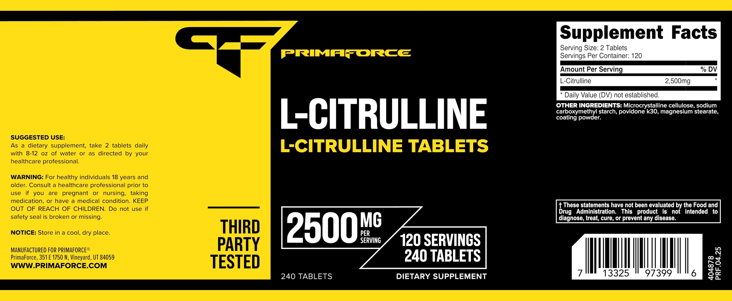 Primaforce L-Citrulline 2500mg – 240 Tablets, 120 Servings