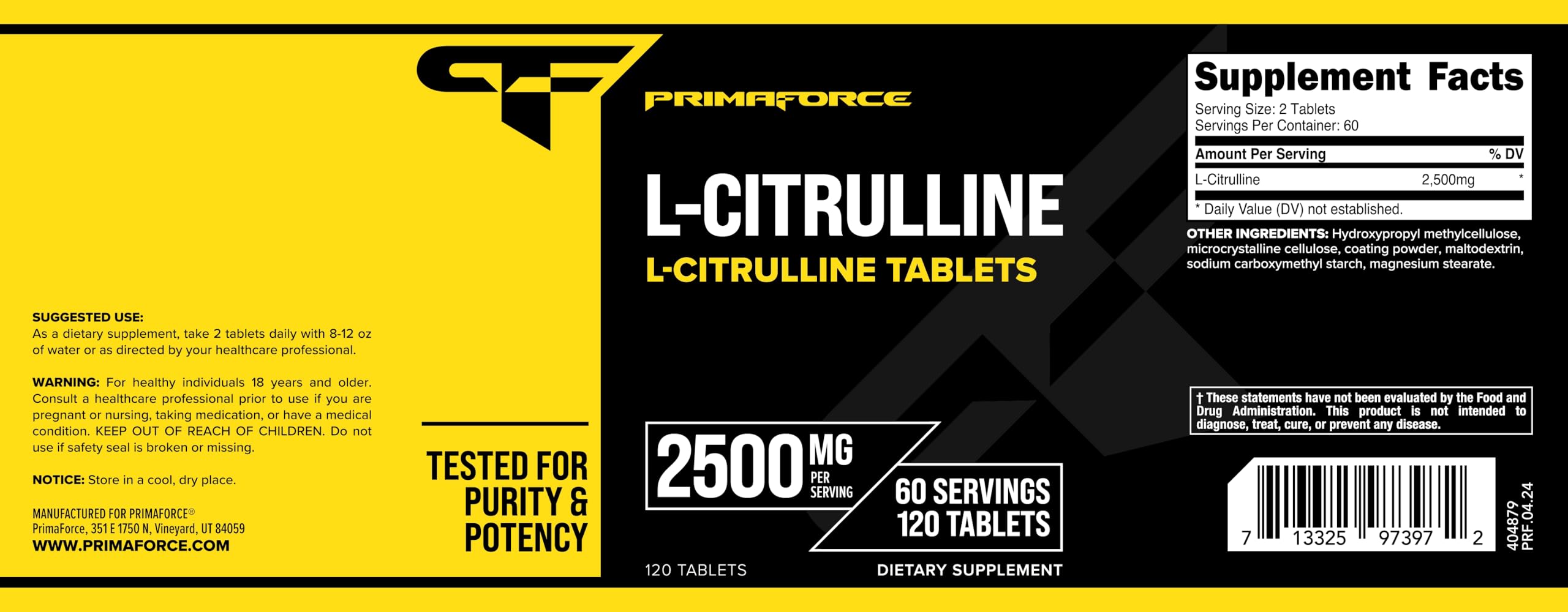 Primaforce L-Citrulline 2500mg per Serving | 60 Servings | 120 Tablets