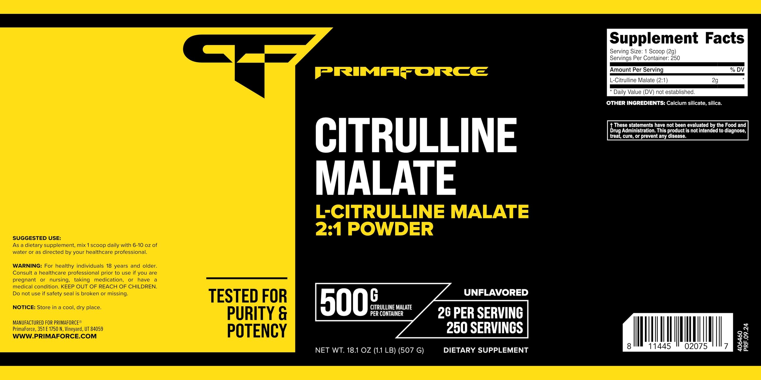 PrimaForce L-Citrulline Malate Powder – Unflavored, 500g | Vegan, Non-GMO