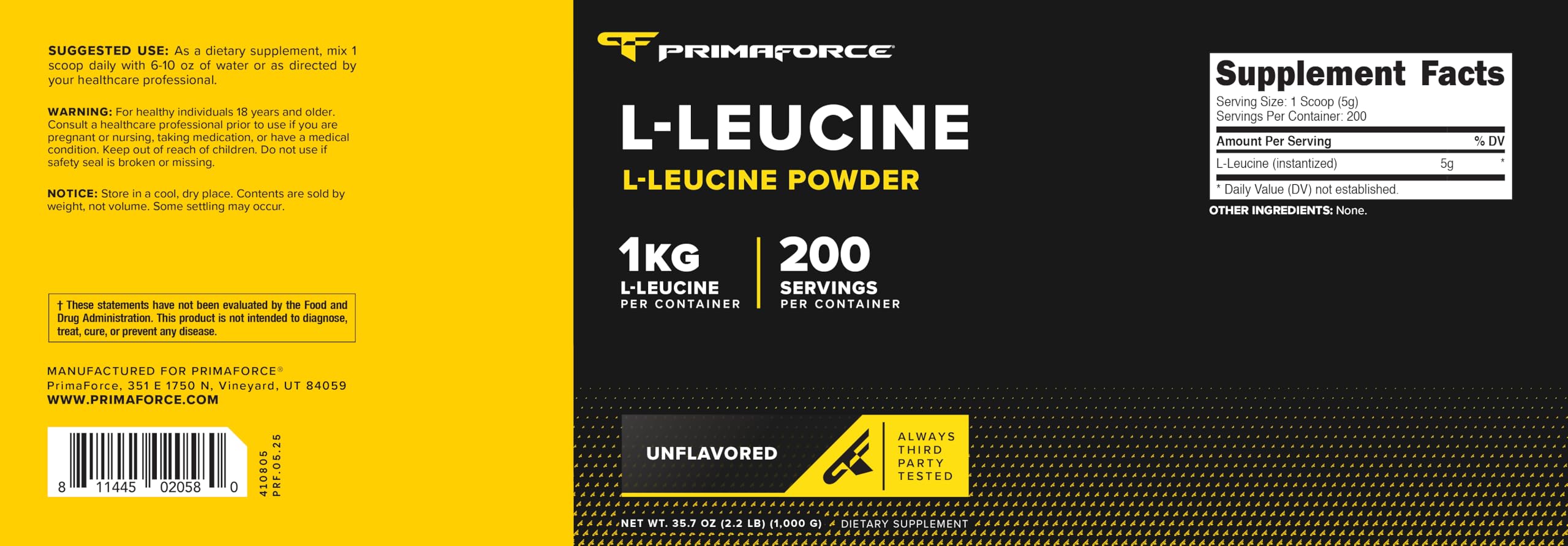 Primaforce L-Leucine Pure Powder 1 KG (2.2lbs) – Non-GMO, Gluten Free, 200 Servings