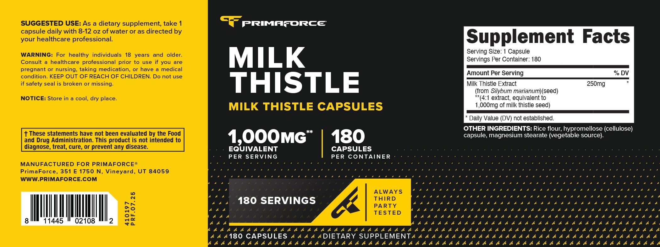 Primaforce Milk Thistle 180 Capsules - 1000mg Equivalent (4:1) Gluten Free, Non-GMO