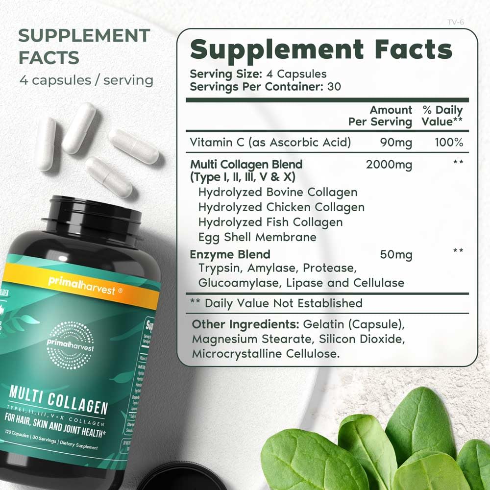 Primal Harvest 2 Pack Multi Collagen Pills (Type I–X) – 120 Capsules with Vitamin C