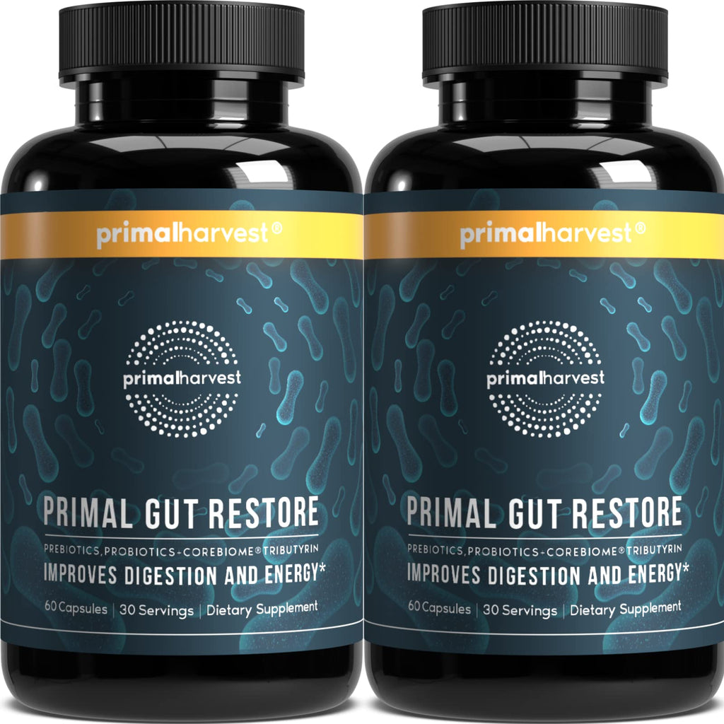 Primal Harvest 2 Pack Primal Gut Restore for Digestive Health | Prebiotics Probiotics Postbiotics (60 CT)