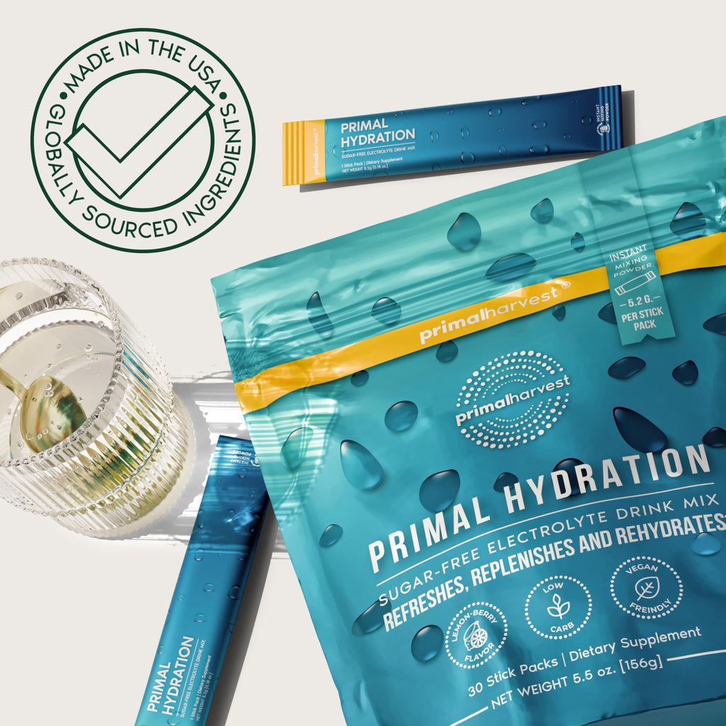 Primal Harvest Electrolytes Powder Packets – Primal Hydration, Lemon Berry, 60 Sticks (2-Pack)