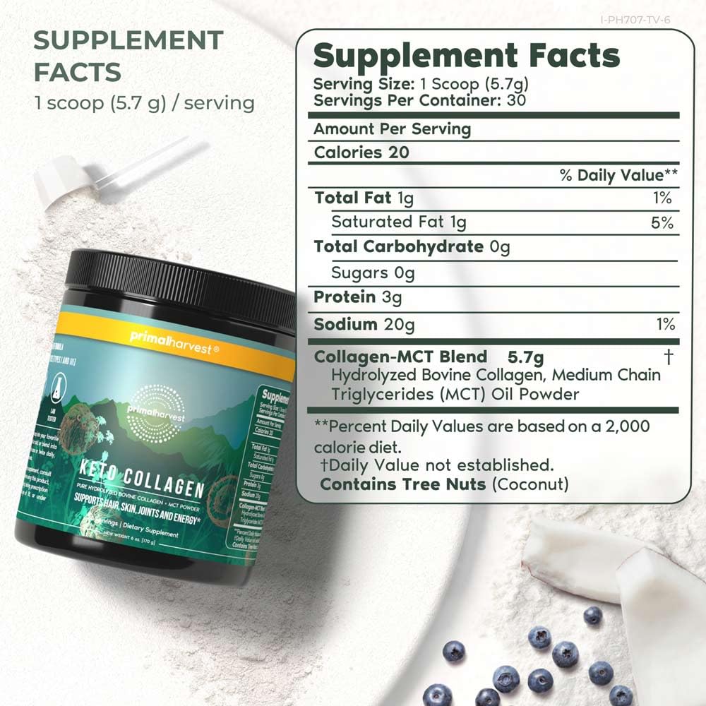 Primal Harvest Keto Collagen Powder with MCT Oil – Hydrolyzed Collagen Peptides, 10 oz, Unflavored