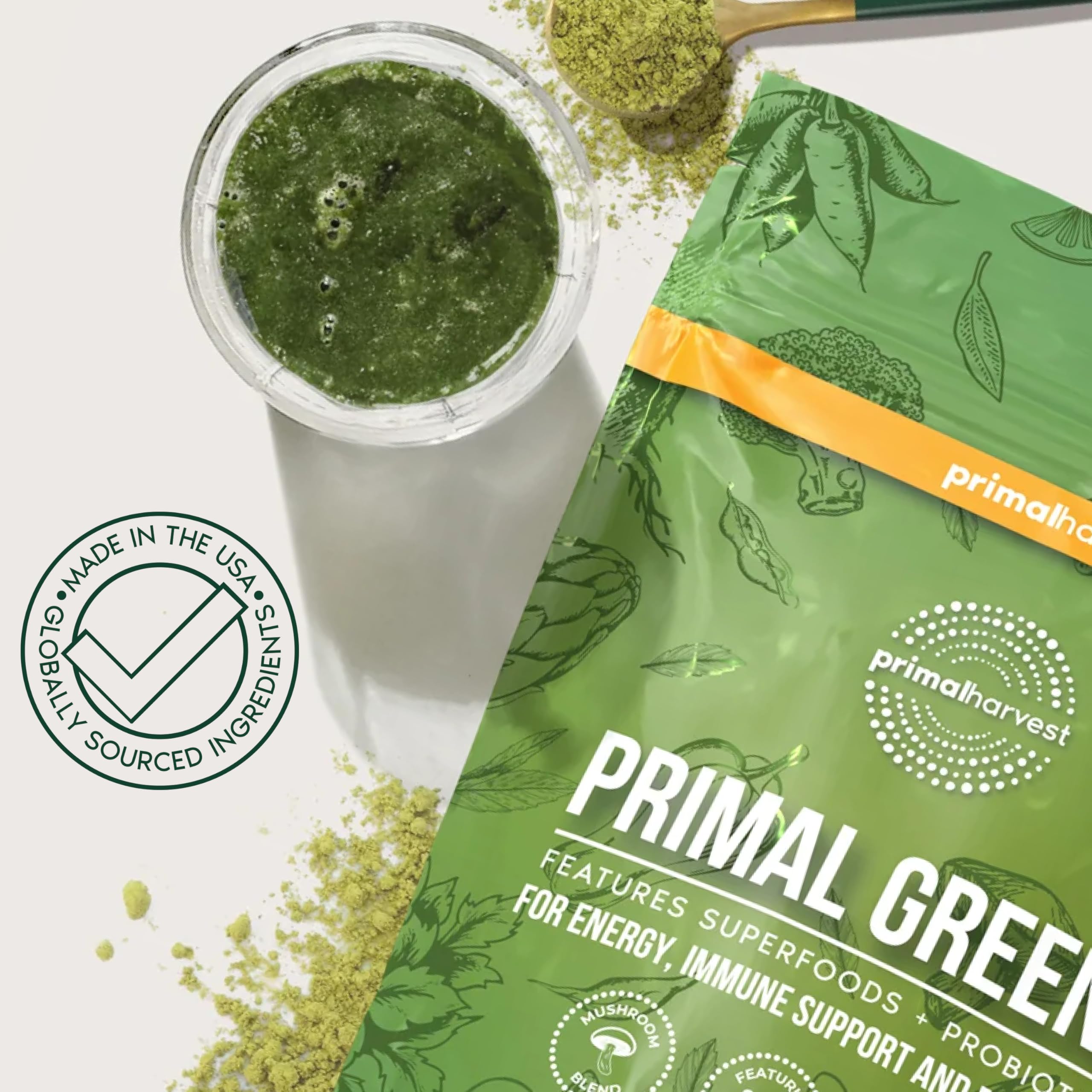 Primal Harvest Primal Greens Powder 2 Pack — 30 Servings Daily Supergreens with Spirulina, Mushroom Blend & Probiotics