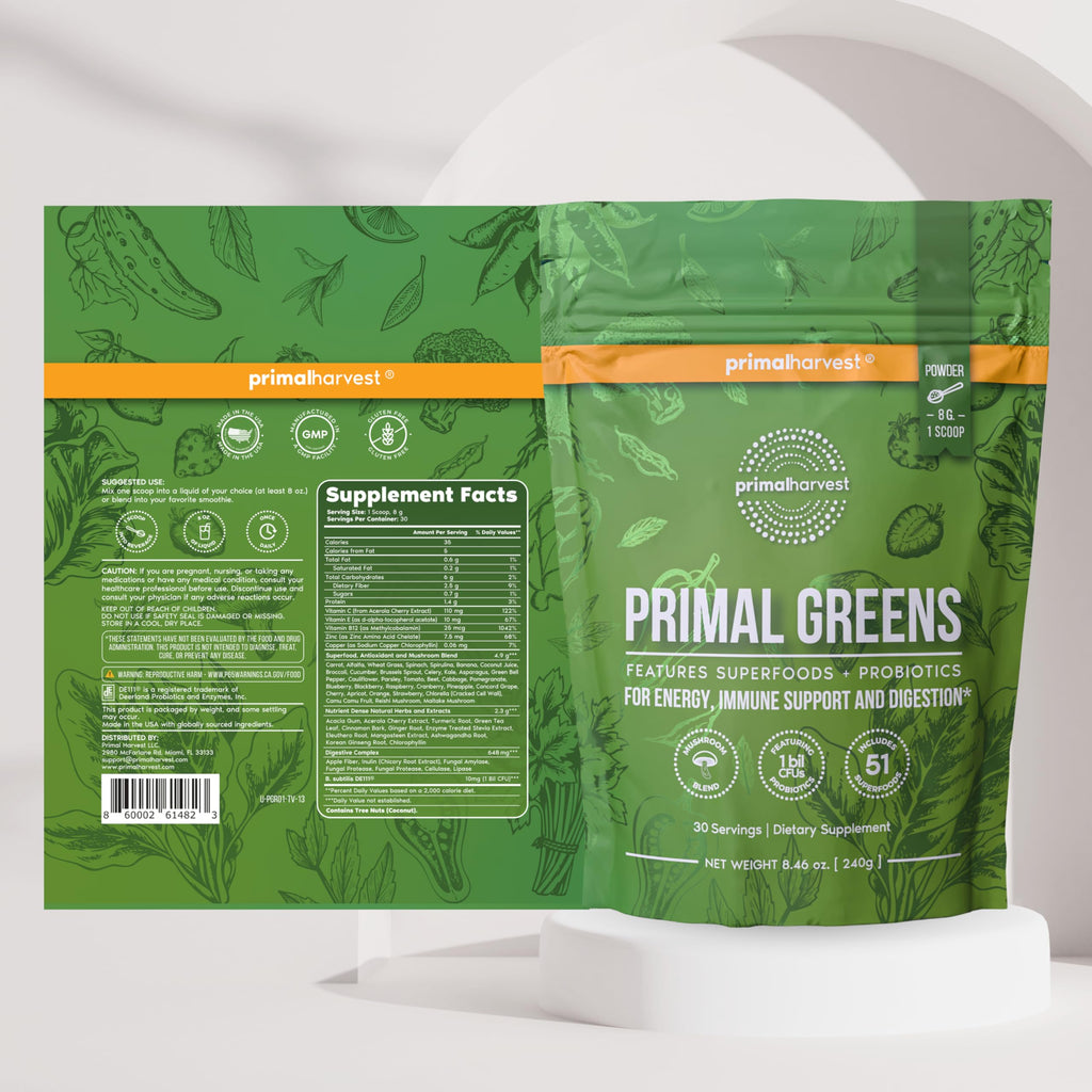 Primal Harvest Primal Greens Powder 2 Pack — 30 Servings Daily Supergreens with Spirulina, Mushroom Blend & Probiotics