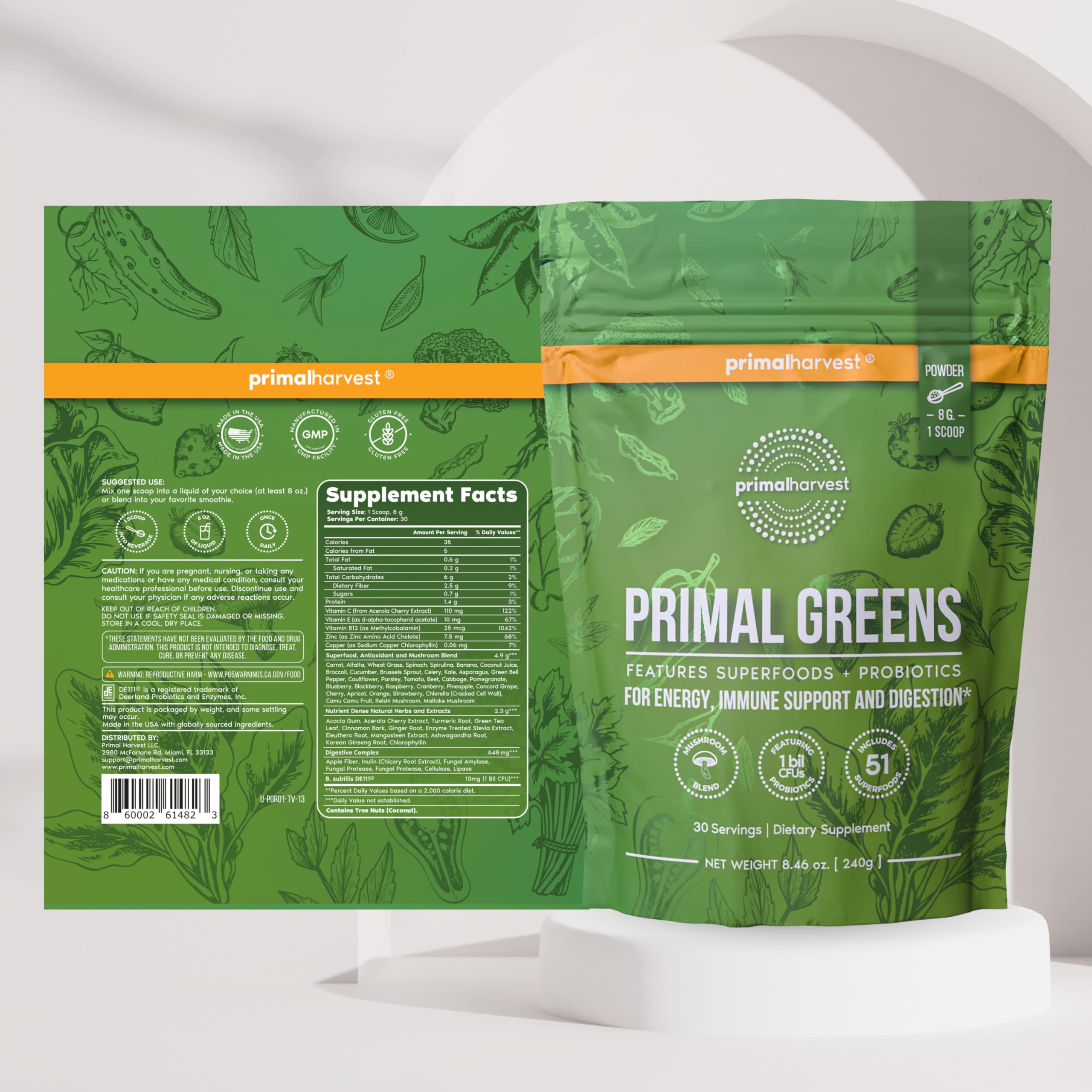 Primal Harvest Primal Greens Powder 2 Pack — 30 Servings Daily Supergreens with Spirulina, Mushroom Blend & Probiotics