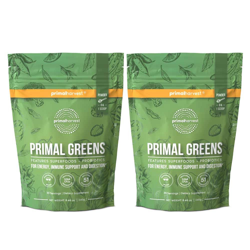 Primal Harvest Primal Greens Powder 2 Pack — 30 Servings Daily Supergreens with Spirulina, Mushroom Blend & Probiotics