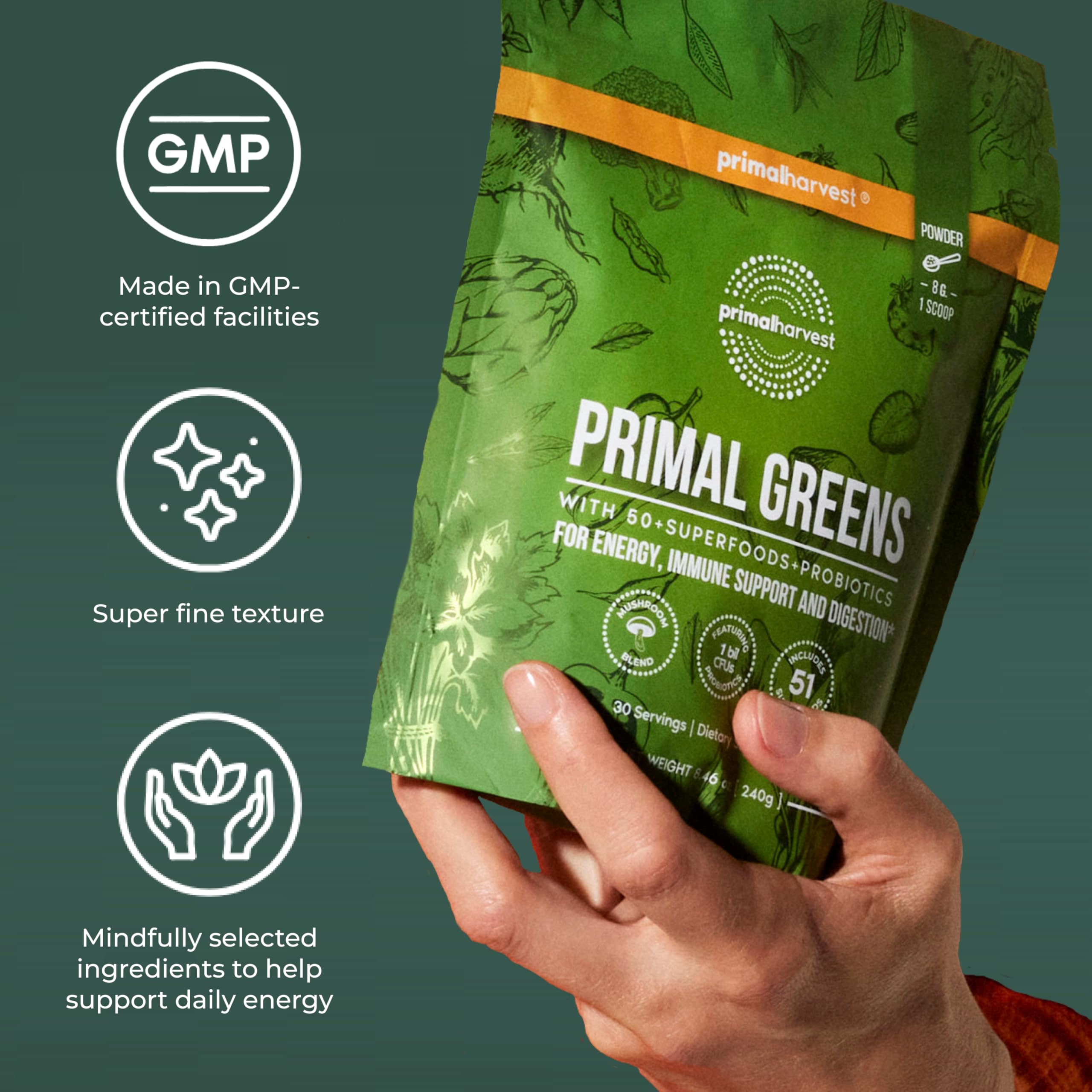 Primal Harvest Primal Greens Powder 2 Pack — 30 Servings Daily Supergreens with Spirulina, Mushroom Blend & Probiotics
