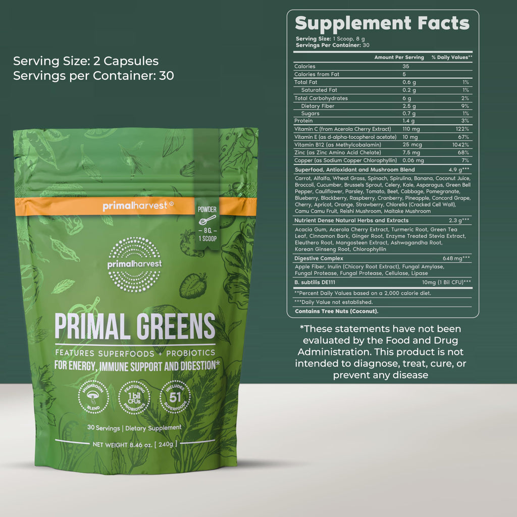 Primal Harvest Primal Greens Powder 2 Pack — 30 Servings Daily Supergreens with Spirulina, Mushroom Blend & Probiotics