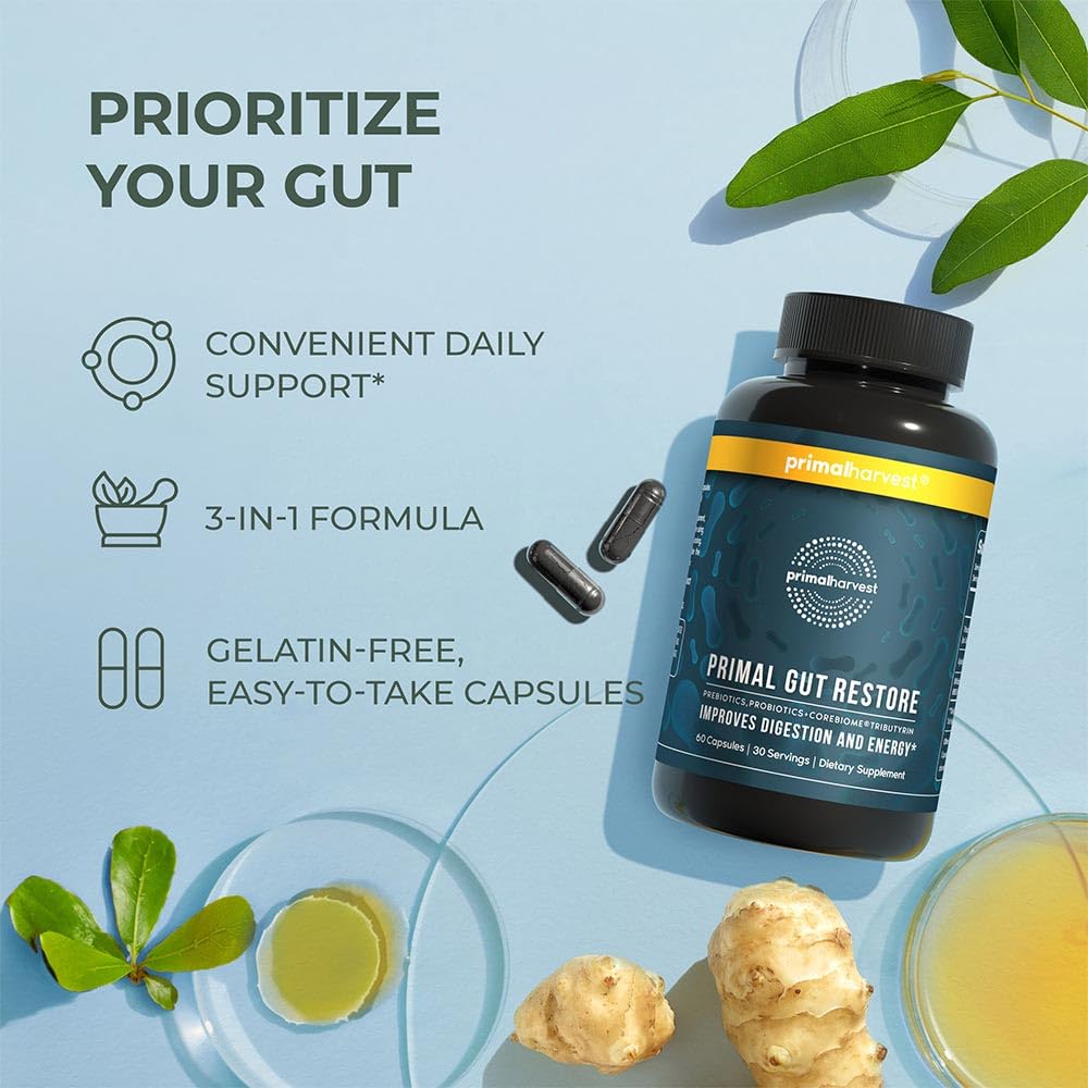 Primal Harvest Restore Gut Health – PRE/PRO/Postbiotics, 60 CT | Digestive Support for Women & Men