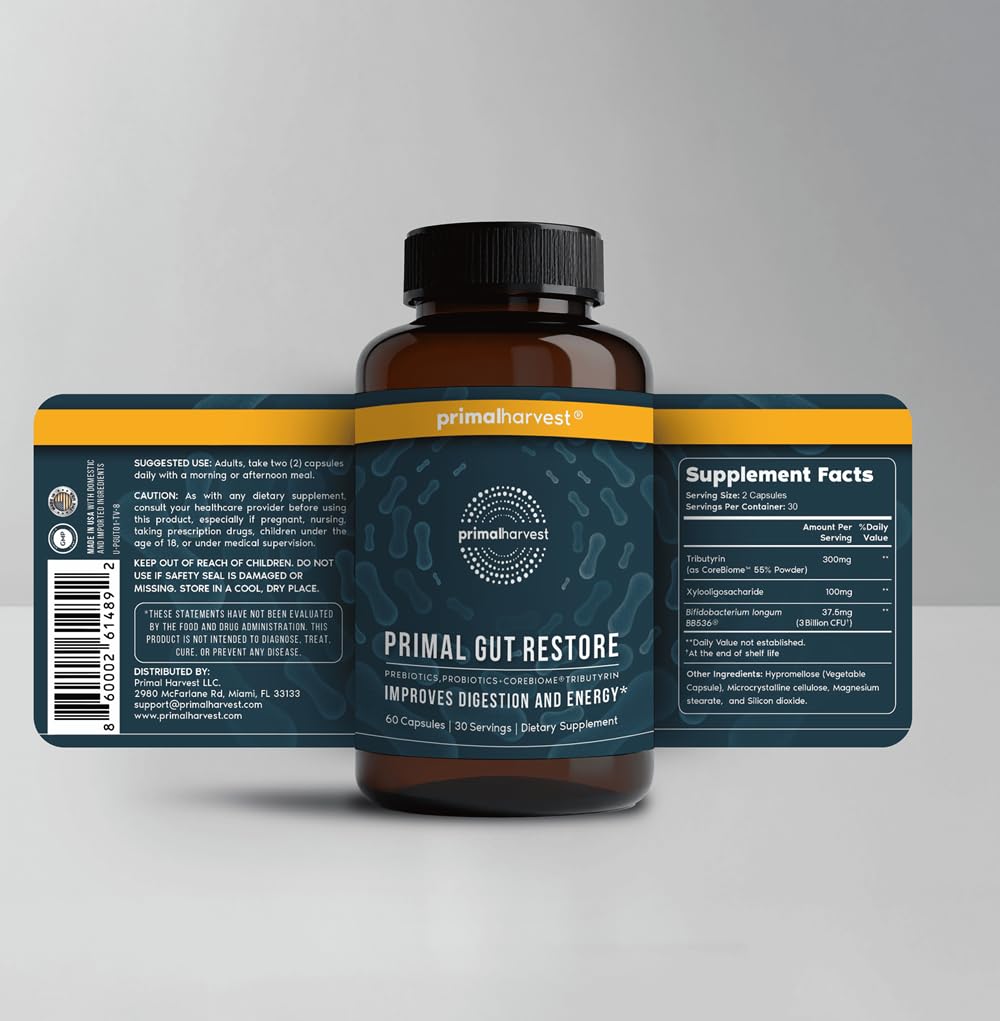 Primal Harvest Restore Gut Health – PRE/PRO/Postbiotics, 60 CT | Digestive Support for Women & Men
