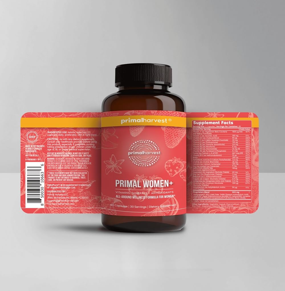 Primal Harvest Women+ Multivitamin — Energy, Immune Support, Skin Health, 60 Capsules